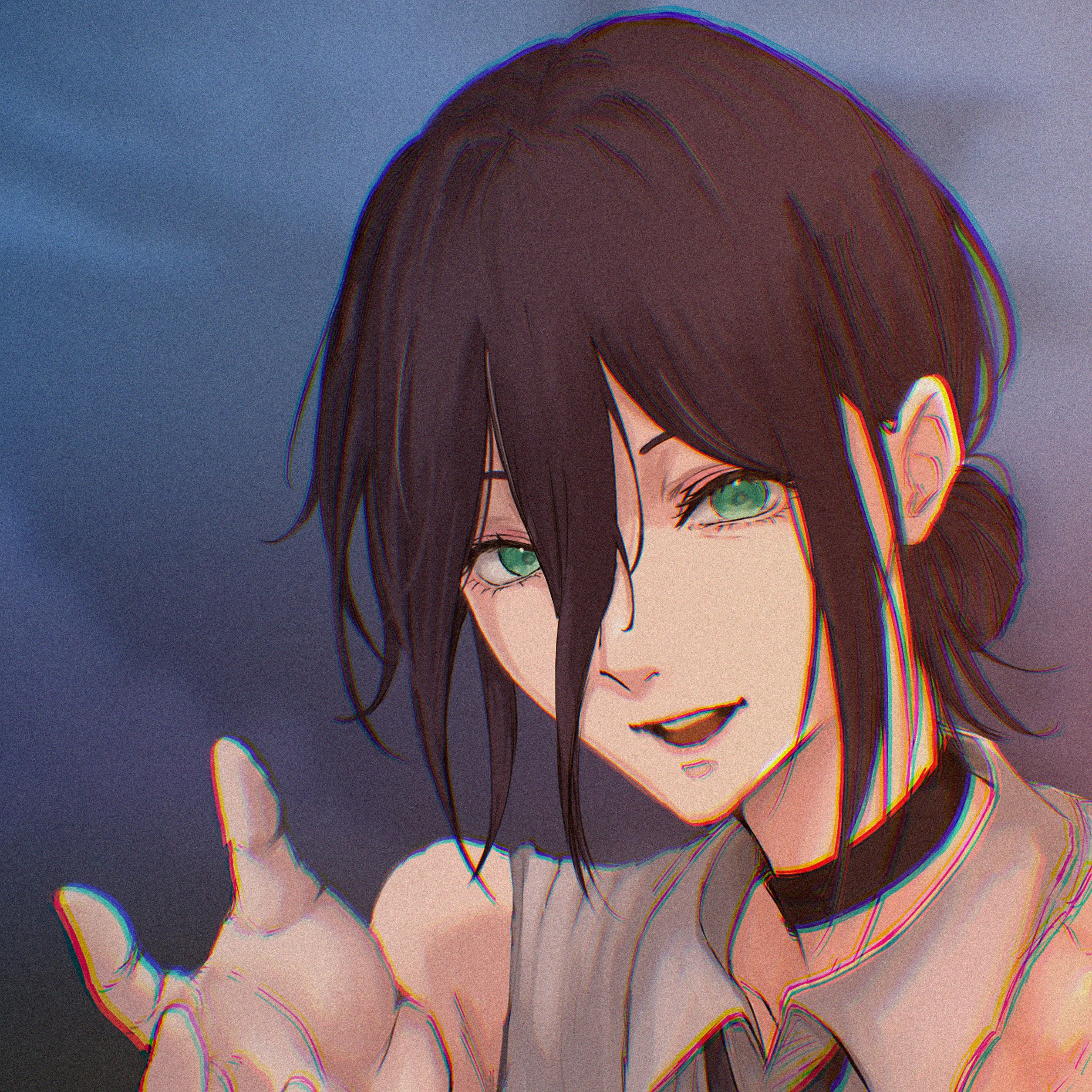 nabe92213, reze (chainsaw man), chainsaw man, absurdres, highres, 1girl, black choker, black hair, choker, collared shirt, green eyes, grey shirt, hair between eyes, hair bun, hand up, looking at viewer, open mouth, shirt, sleeveless, sleeveless shirt, solo, teeth