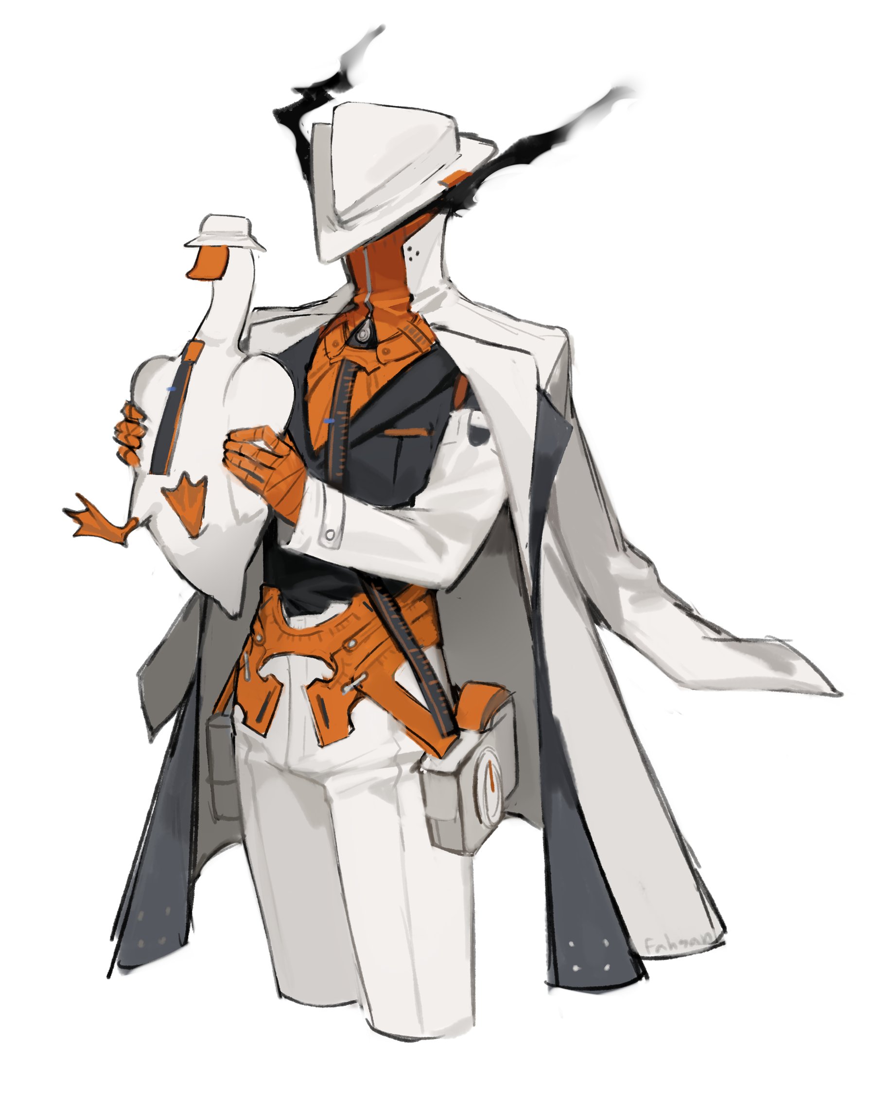 fahsan (fah09838), group leader (xinyue tongxing), xinyue tongxing, highres, 1other, animal, bird, black shirt, coat, coat on shoulders, cropped legs, gloves, goose, hat, holding, holding animal, orange gloves, pants, shirt, smoke, solo, upper body, white background, white coat, white hat, white pants, white sleeves