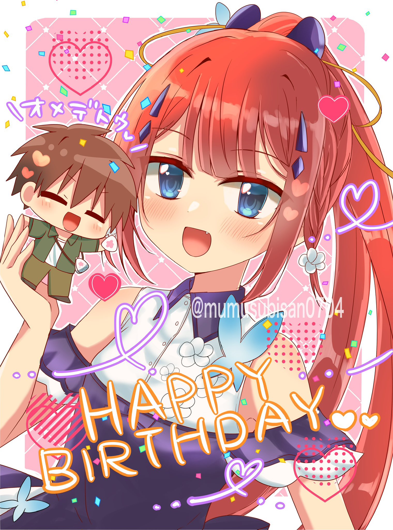 kamiyama shiki, takahara hairi, summer pockets, commentary request, highres, 1boy, 1girl, :d, ^ ^, alternate costume, bare shoulders, blue eyes, blunt bangs, blush, border, braid, brown hair, butterfly ornament, chibi, chibi inset, closed eyes, collared dress, confetti, dress, dutch angle, fang, hair ornament, hairclip, hand up, happy, happy birthday, heart, heart of string, holding chibi, long hair, looking at viewer, mumusubisan0704, off-shoulder dress, off shoulder, open mouth, outline, outside border, pink background, ponytail, purple dress, red hair, short hair, side braid, sidelocks, simple background, smile, solo focus, spiked hair, split ponytail, twitter username, upper body, v-shaped eyebrows, very long hair, white border, white outline