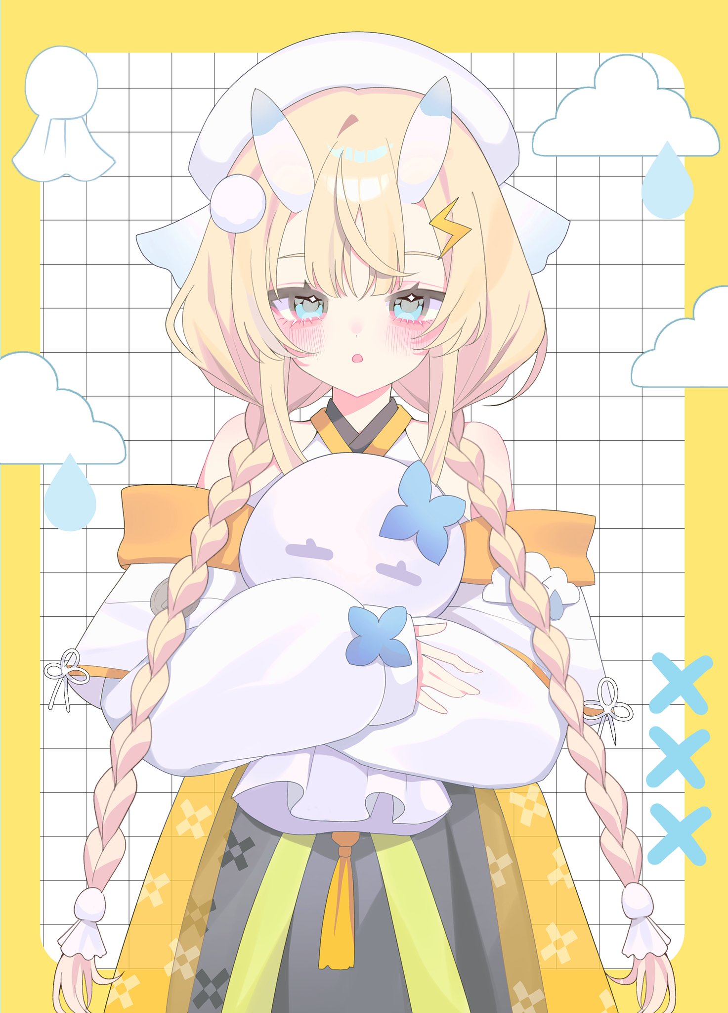kadou mikaru, nijisanji, highres, 1girl, bare shoulders, black skirt, blonde hair, blue eyes, blue horns, blush, border, braid, coat, cowboy shot, flower knot, grid background, hair ornament, hair over shoulder, hakama, hakama skirt, hat, horns, hugging object, japanese clothes, kimono, layered sleeves, lightning bolt, lightning bolt hair ornament, lightning bolt symbol, long sleeves, looking at viewer, low twin braids, mikurosanka, multicolored horns, off-shoulder coat, off shoulder, outside border, parted lips, pom pom (clothes), pom pom hair ornament, puffy long sleeves, puffy sleeves, see-through clothes, short over long sleeves, short sleeves, sidelocks, skirt, solo, standing, teruterubouzu, triangle mouth, twin braids, two-tone horns, virtual youtuber, white background, white coat, white hat, white horns, white kimono, yellow border, yellow trim