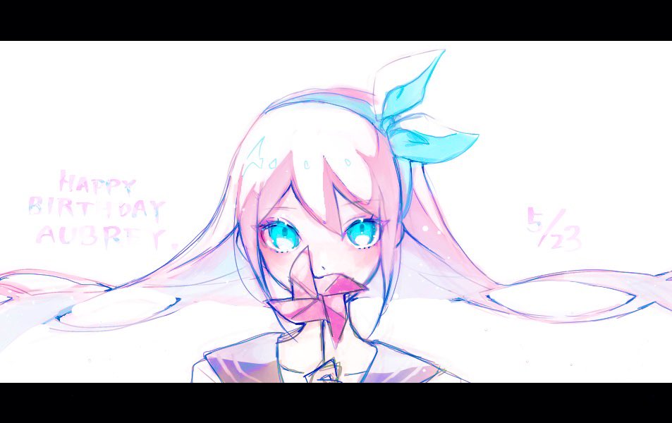 timaki, aubrey (faraway) (omori), aubrey (omori), omori, commentary, english commentary, 1girl, aqua eyes, blue hairband, blush, bow hairband, brown sailor collar, character name, covered mouth, dated, double-parted bangs, hair between eyes, hairband, hand up, happy birthday, holding, holding pinwheel, letterboxed, light particles, long hair, looking at viewer, pinwheel, portrait, sailor collar, shirt, sidelocks, simple background, solo, straight-on, white background, white shirt, wind