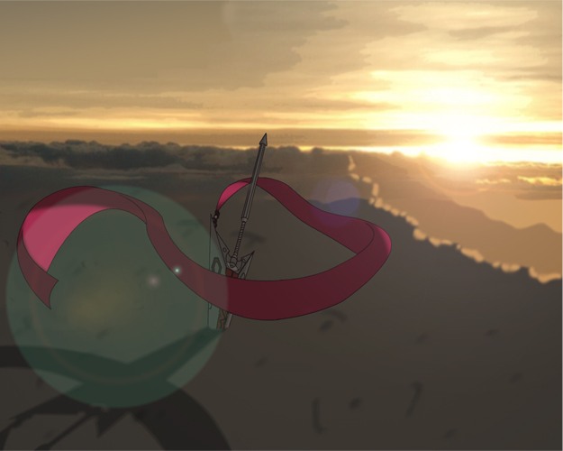 busou renkin, tagme, 00s, cloud, lens flare, no humans, outdoors, ribbon, sky, sunlight heart, twilight