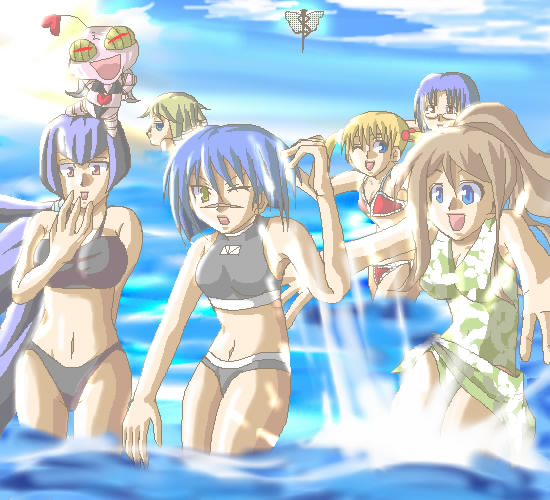 angel gozen (character), mutou mahiro, tsumura tokiko, busou renkin, aliasing, character request, tagme, 00s, 1other, bikini, black bikini, blonde hair, blue eyes, blue hair, breasts, brown hair, casual one-piece swimsuit, creature, creature on head, glasses, medium breasts, navel, one-piece swimsuit, one eye closed, red bikini, sarong, scar, scar on face, scar on nose, short hair, small breasts, smile, splashing, swimsuit, twintails, wading, yellow eyes