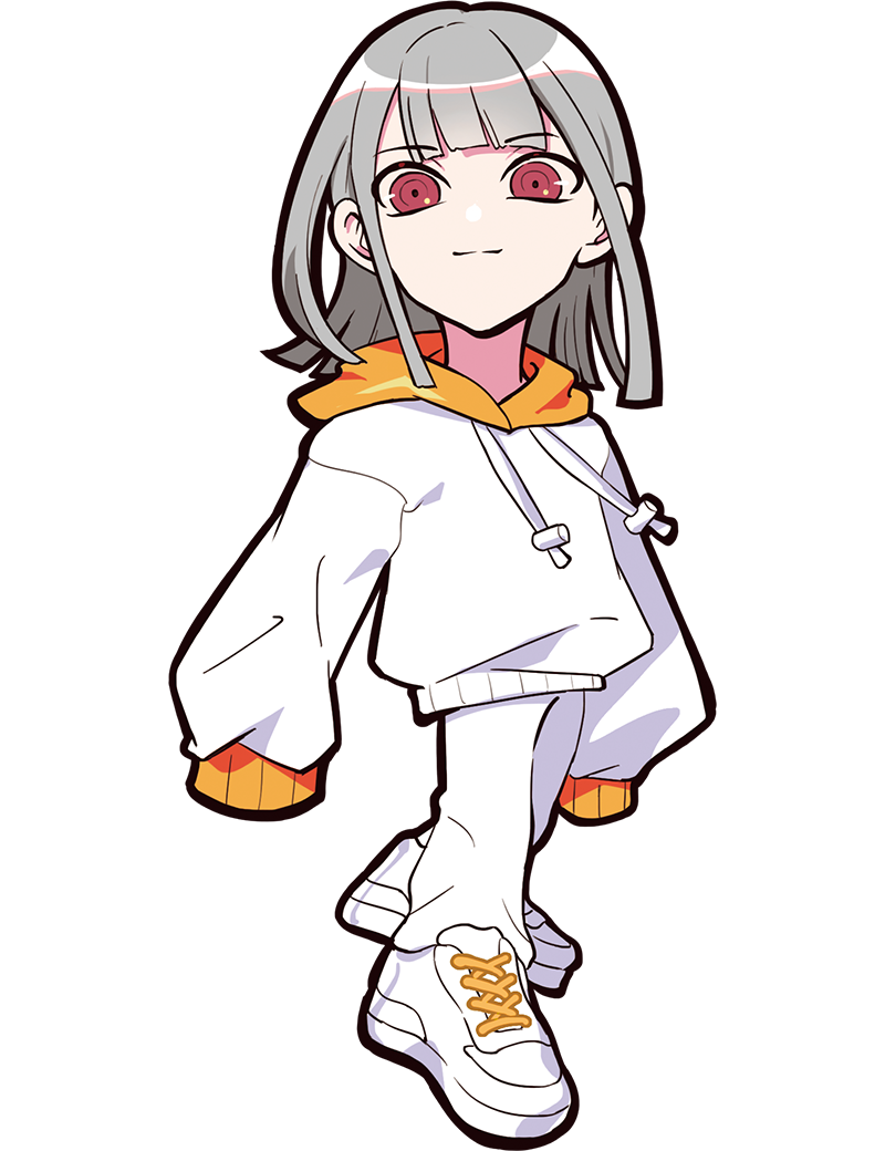 puppeteer7777, crazy raccoon, official art, second-party source, 1girl, anime coloring, arched bangs, blunt bangs, blunt ends, blunt sidelocks, cross-laced shoes, drawstring, full body, grey hair, hood, hood down, hoodie, laces, long sidelocks, long sleeves, medium hair, no nose, orange hood, orange sleeve cuffs, panties, parted hair, puffy long sleeves, puffy sleeves, red eyes, shoes, sidelocks, sleeve cuffs, sleeves past fingers, sleeves past wrists, smile, solo, split mouth, tachi-e, tensai (crazy raccoon), thick lineart, toggles, transparent background, underwear, very long sleeves, white hoodie, white panties, white shoes, white theme