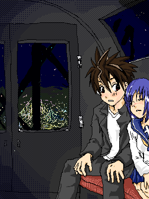 mutou kazuki, tsumura tokiko, busou renkin, aliasing, lowres, 00s, 1boy, 1girl, blue hair, blush, brown hair, city, city lights, feet out of frame, ferris wheel, night, scar, scar on face, scar on nose, school uniform, serafuku, sitting, sky, sleeping, star (sky), starry sky, vehicle interior