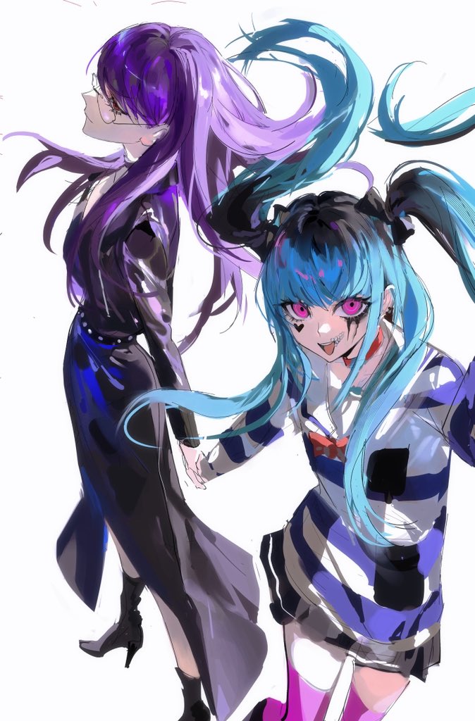 binxngchng1, amemiya darumi, shizuhara hiruko, 2girls, black bow, black hair, black jacket, blue hair, bow, ear piercing, glasses, high heels, holding hands, jacket, long hair, looking at viewer, makeup, multicolored hair, multiple girls, open mouth, piercing, pink eyes, pink thighhighs, purple hair, red bow, red eyes, runny makeup, shirt, striped clothes, striped shirt, thighhighs, twintails, white background