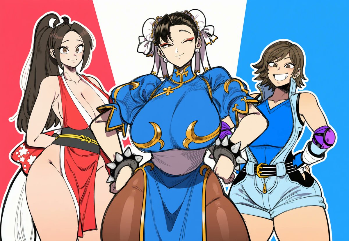 sr dewitt1999, chun-li, kazama asuka, shiranui mai, capcom, namco, snk, street fighter, tekken, the king of fighters, commentary, english commentary, 3girls, blue dress, blue leotard, bracelet, breasts, brown eyes, brown hair, brown pantyhose, china dress, chinese clothes, cleavage, crossover, double bun, dress, earrings, eyeliner, fingerless gloves, gloves, grin, hair bun, hands on own hips, japanese clothes, jewelry, kimono, large breasts, leotard, long hair, looking at viewer, makeup, multiple girls, one eye closed, pantyhose, pelvic curtain, ponytail, red eyeliner, red kimono, revealing clothes, seductive smile, short hair, smile, spiked bracelet, spikes, teeth