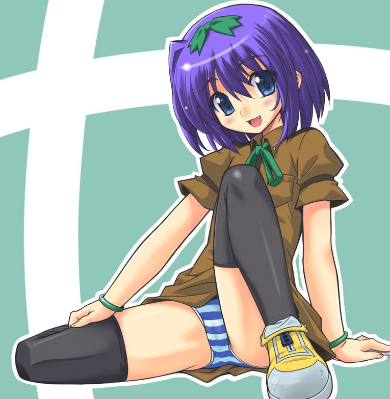 itoji, original, 1girl, blue eyes, blue hair, blush, bracelet, fang, female focus, jewelry, panties, pantyshot, shoes, short hair, sneakers, solo, striped clothes, striped panties, thighhighs, underwear