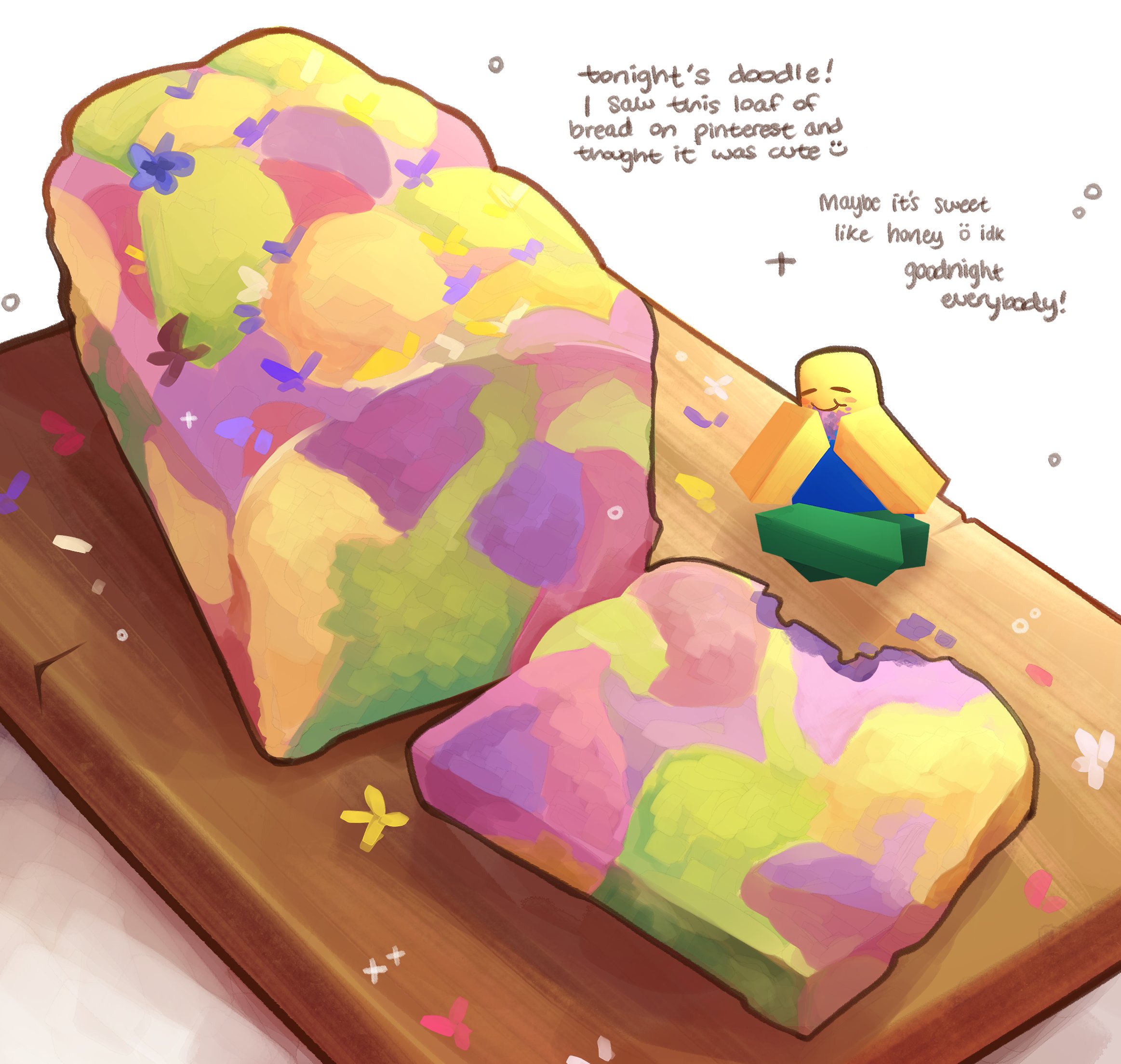himochuu, roblox, commentary, english commentary, highres, 1other, animal print, bite mark, bread, bread slice, butterfly print, cutting board, eating, english text, food, food focus, loaf of bread, mini person, painterly, sitting
