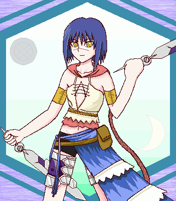 tsumura tokiko, busou renkin, lowres, 00s, blue hair, crossover, scar, valkyrie skirt, yellow eyes