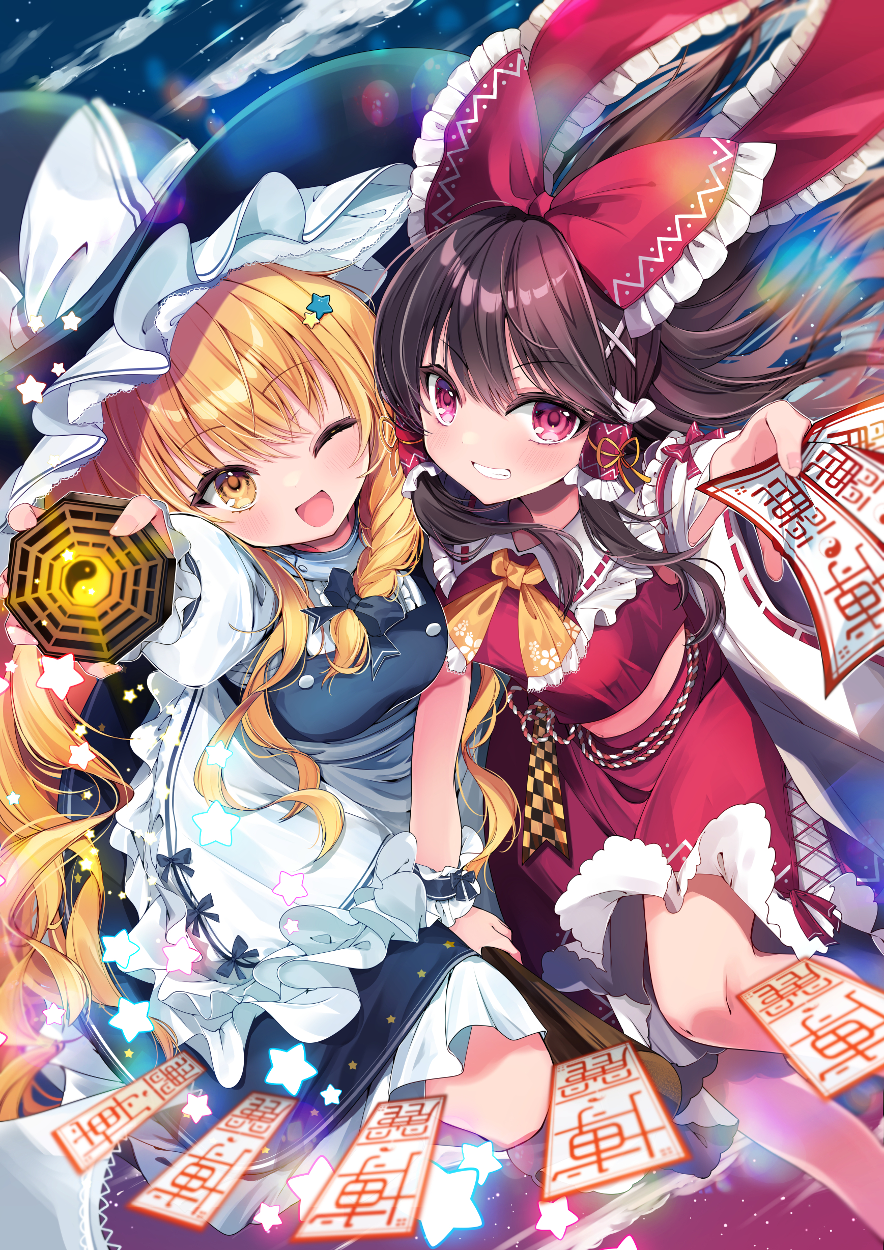 kasane (cynthia), hakurei reimu, kirisame marisa, touhou, absurdres, commentary request, highres, 2girls, apron, black bow, black hat, black skirt, black vest, blonde hair, bow, braid, breasts, broom, broom riding, brown hair, cross-laced clothes, detached sleeves, embellished costume, frilled bow, frilled hair tubes, frills, grin, hair bow, hair ornament, hair tubes, hat, hat bow, holding, holding ofuda, long hair, looking at viewer, mini-hakkero, multiple girls, ofuda, one eye closed, open mouth, red bow, red eyes, red skirt, ribbon-trimmed sleeves, ribbon trim, side braid, single braid, skirt, skirt set, smile, star (symbol), star hair ornament, very long hair, vest, waist apron, white apron, white bow, witch hat, wrist cuffs, yellow eyes