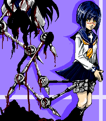 tsumura tokiko, busou renkin, lowres, 00s, blue hair, scar, school uniform, serafuku, valkyrie skirt, yellow eyes