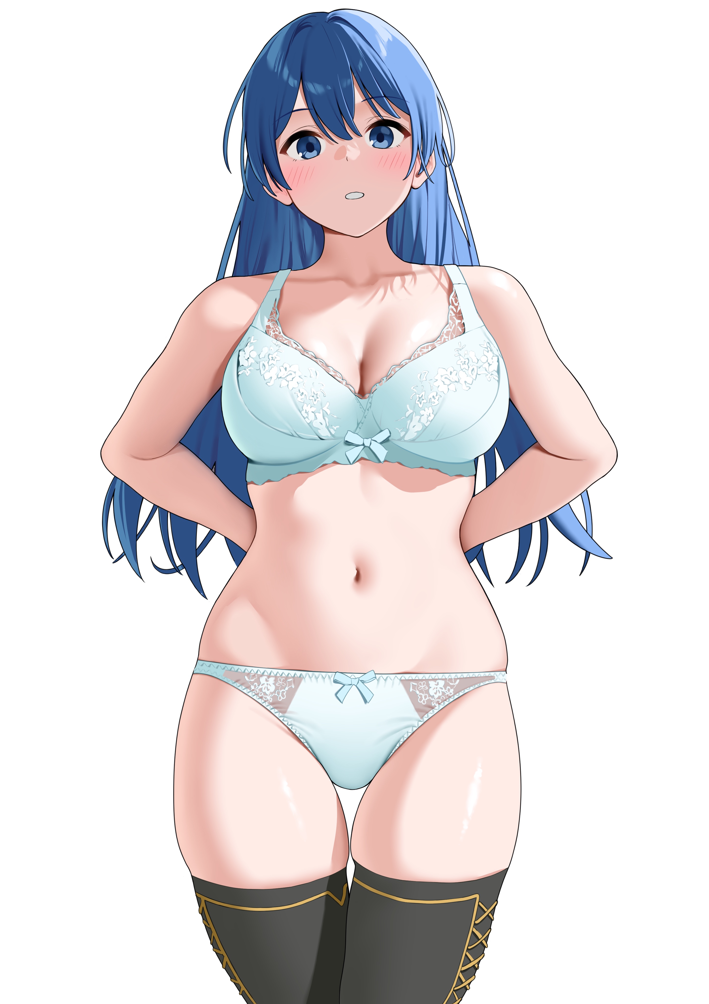 magurotatakighn, caeda (fire emblem), fire emblem, nintendo, absurdres, commentary request, highres, 1girl, aqua bra, aqua panties, arms behind back, bare arms, black thighhighs, blue eyes, blue hair, blush, bra, breasts, cleavage, cowboy shot, hair between eyes, large breasts, long hair, looking at viewer, navel, panties, parted lips, simple background, solo, standing, thigh gap, thighhighs, underwear, white background