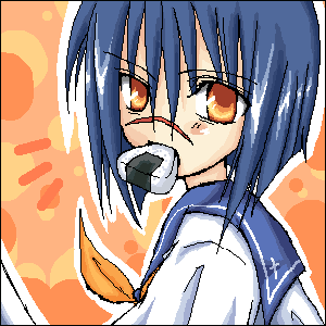 tsumura tokiko, busou renkin, lowres, 00s, blue hair, food, oekaki, onigiri, scar, school uniform, serafuku, yellow eyes