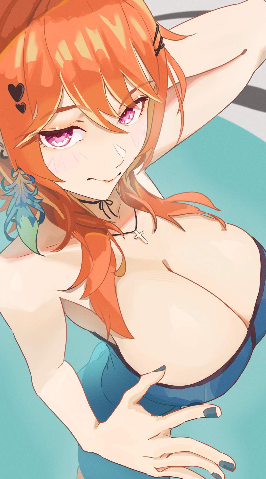 ash (ashsa689), takanashi kiara, hololive, hololive english, highres, 1girl, blue dress, blue nails, breasts, cleavage, dress, earrings, feather earrings, feathers, from above, huge breasts, jewelry, long hair, looking at viewer, orange hair, pink eyes, solo, virtual youtuber