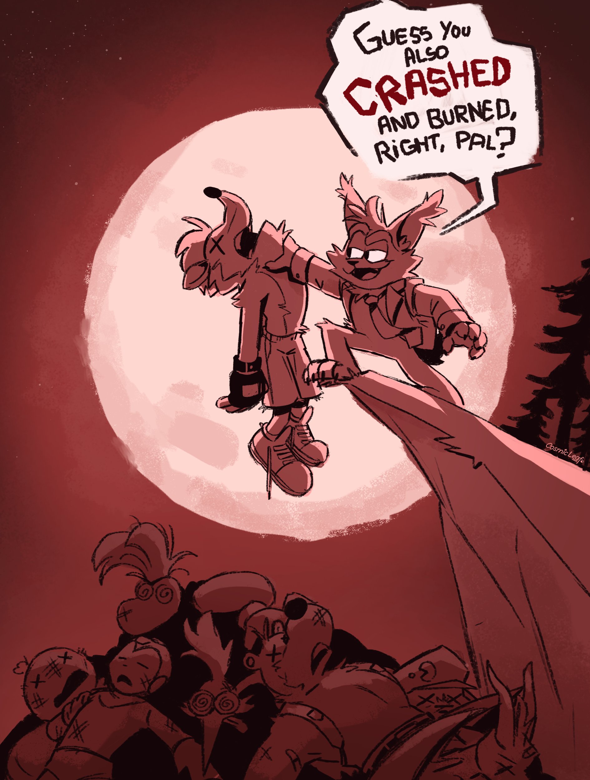 banjo (banjo-kazooie), bubsy (character), crash bandicoot, kazooie (banjo-kazooie), klonoa, mega man (character), pac-man, rayman, sackboy, spyro the dragon, banjo-kazooie, bubsy, crash bandicoot (series), kaze no klonoa, little big planet, mega man (series), pac-man (game), rayman (series), spyro (series), absurdres, commentary, english commentary, highres, 1girl, 6+boys, artist name, cliff, cosmicleafarts, defeat, english text, fingerless gloves, full moon, gloves, monochrome, moon, multiple boys, neck grab, necktie, open clothes, open shirt, red theme, shorts, speech bubble, trait connection, x x