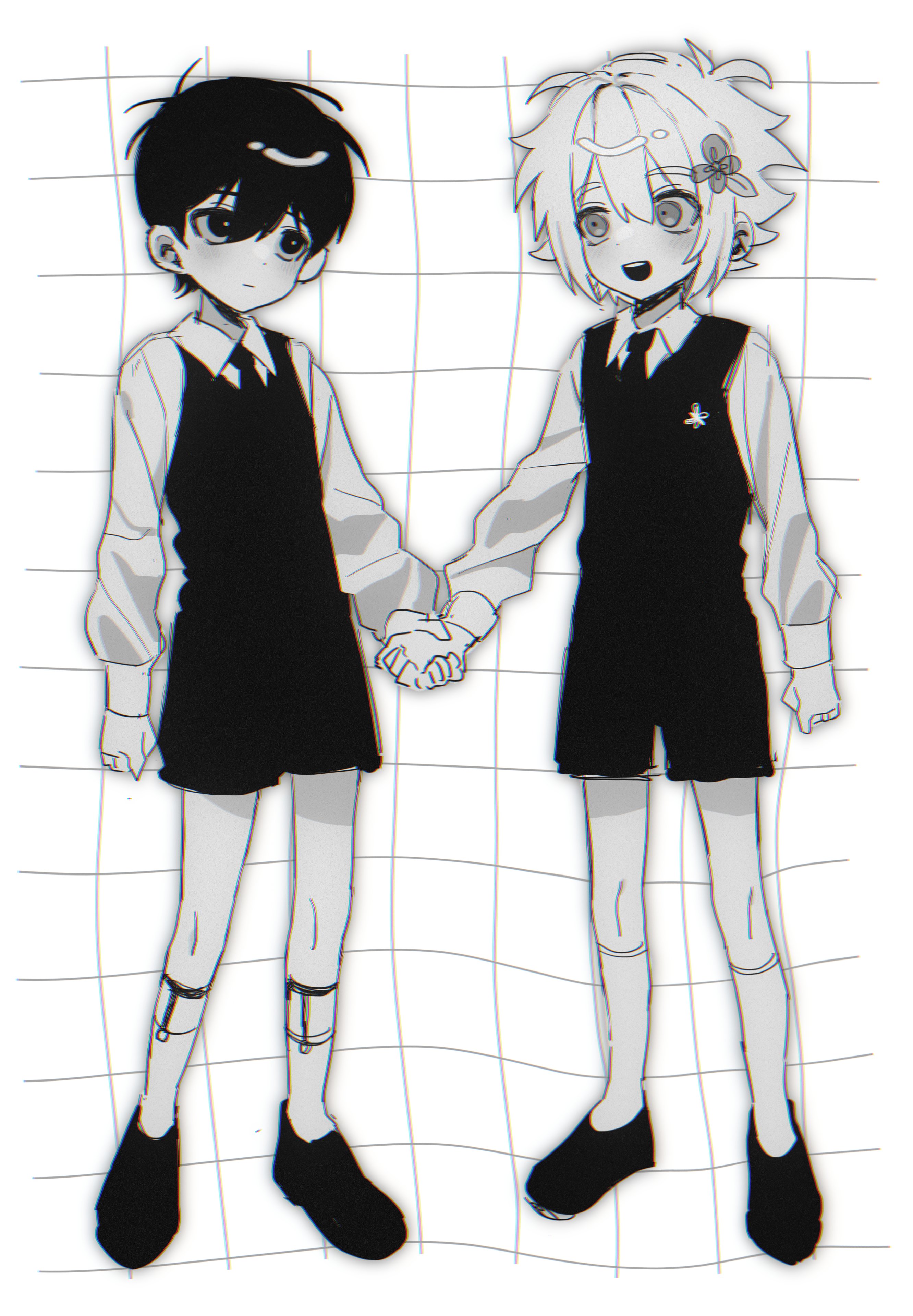 my loleeta, basil (faraway) (omori), basil (omori), sunny (omori), omori, absurdres, highres, revision, 2boys, alternate costume, antenna hair, bright pupils, butler, closed mouth, collared shirt, greyscale, holding hands, long sleeves, looking at another, male focus, monochrome, multiple boys, necktie, open mouth, shirt, shoes, short hair, shorts, smile, socks, teeth, upper teeth only