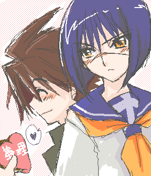 mutou kazuki, tsumura tokiko, busou renkin, lowres, 00s, blue hair, brown hair, scar, school uniform, serafuku, yellow eyes