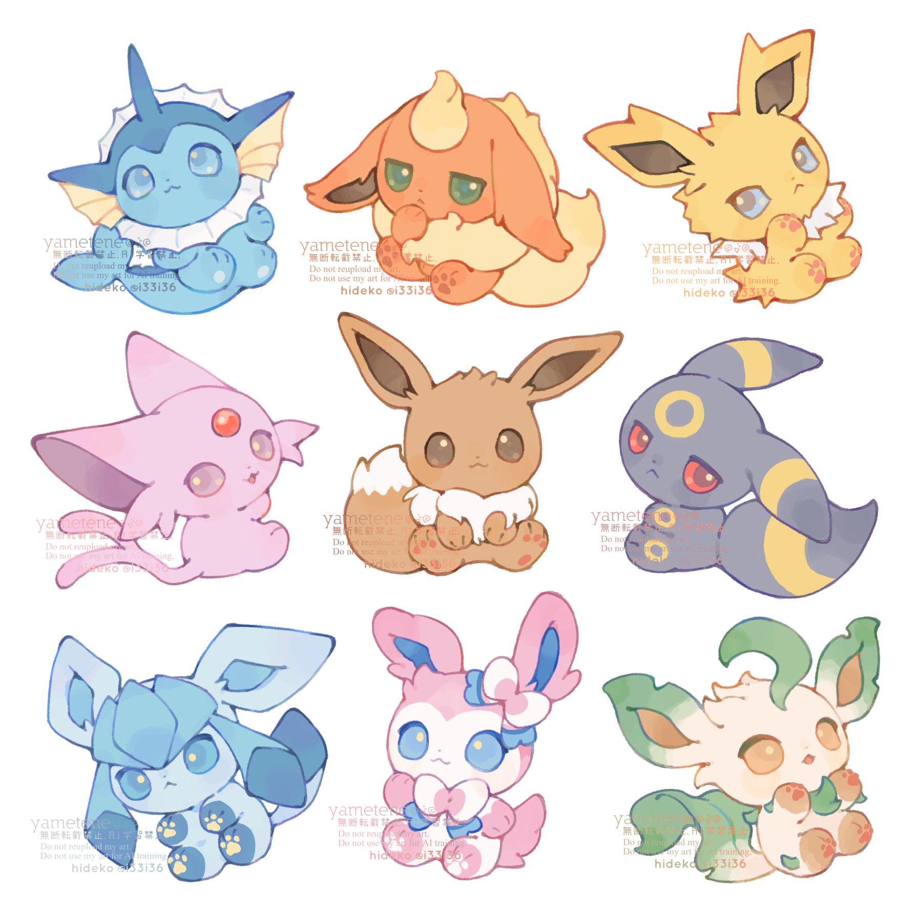 hideko (l33l3b), eevee, espeon, flareon, glaceon, jolteon, leafeon, sylveon, umbreon, vaporeon, nintendo, pokemon, commentary request, highres, blue eyes, brown eyes, closed mouth, full body, gen 1 pokemon, gen 2 pokemon, gen 4 pokemon, gen 6 pokemon, green eyes, no humans, pokemon (creature), pokemon focus, purple eyes, red eyes, simple background, smile, white background