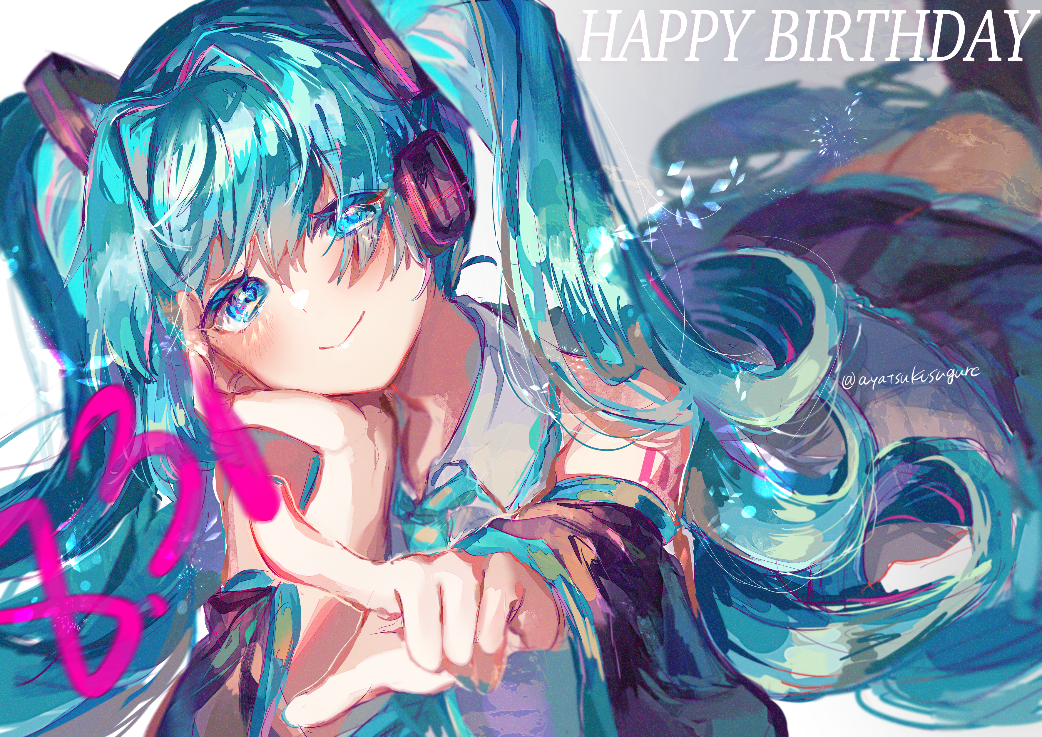 ayatsuki sugure, hatsune miku, vocaloid, absurdres, highres, black skirt, black sleeves, black thighhighs, blue eyes, blue hair, blue necktie, closed mouth, collared shirt, colored eyelashes, dated, detached sleeves, dot nose, drawing (action), eyes visible through hair, gradient background, grey background, grey shirt, hair between eyes, hair ornament, hair spread out, hand on own cheek, hand on own face, happy, happy birthday, head tilt, headphones, lace, lace-trimmed shirt, lace trim, light blush, light particles, long hair, long sleeves, lying, miniskirt, necktie, on stomach, pleated skirt, shirt, skirt, sleeveless, sleeveless shirt, smile, thighhighs, twitter username, very long hair, white background, wide sleeves