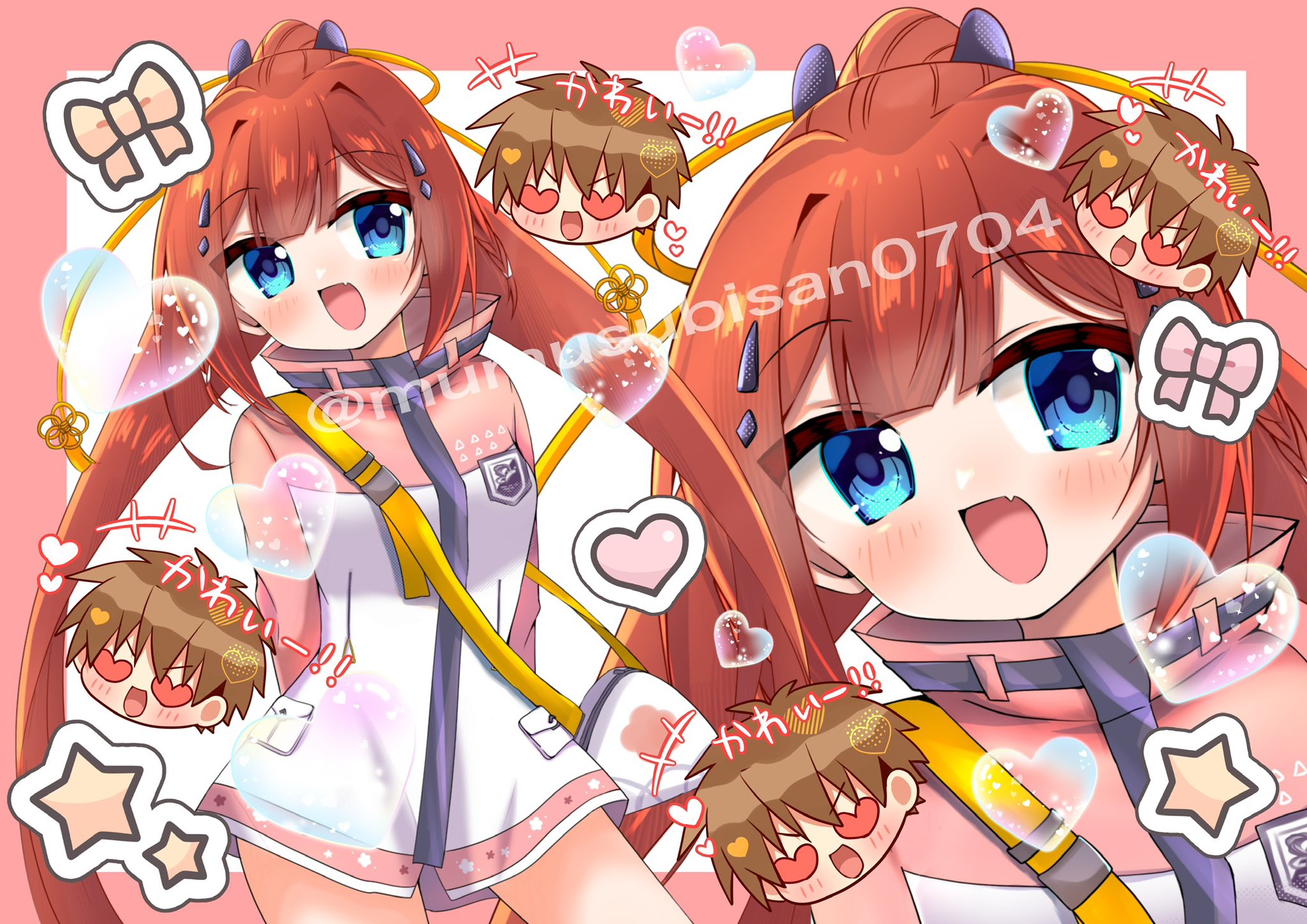 kamiyama shiki, takahara hairi, summer pockets, commentary, highres, translated, +++, 1boy, 1girl, :d, alternate costume, arms behind back, blue eyes, blunt bangs, blush, border, bow, braid, brown hair, chibi, chibi inset, cowboy shot, fang, hair ornament, hairclip, happy, heart, heart-shaped pupils, jacket, long hair, long sleeves, looking at viewer, lovestruck, military jacket, multiple views, mumusubisan0704, open mouth, outline, outside border, pink border, pink bow, pink jacket, ponytail, red hair, short hair, sidelocks, simple background, skin fang, smile, solo focus, spiked hair, split ponytail, star (symbol), symbol-shaped pupils, twin braids, twitter username, upper body, very long hair, watermark, white background, white outline