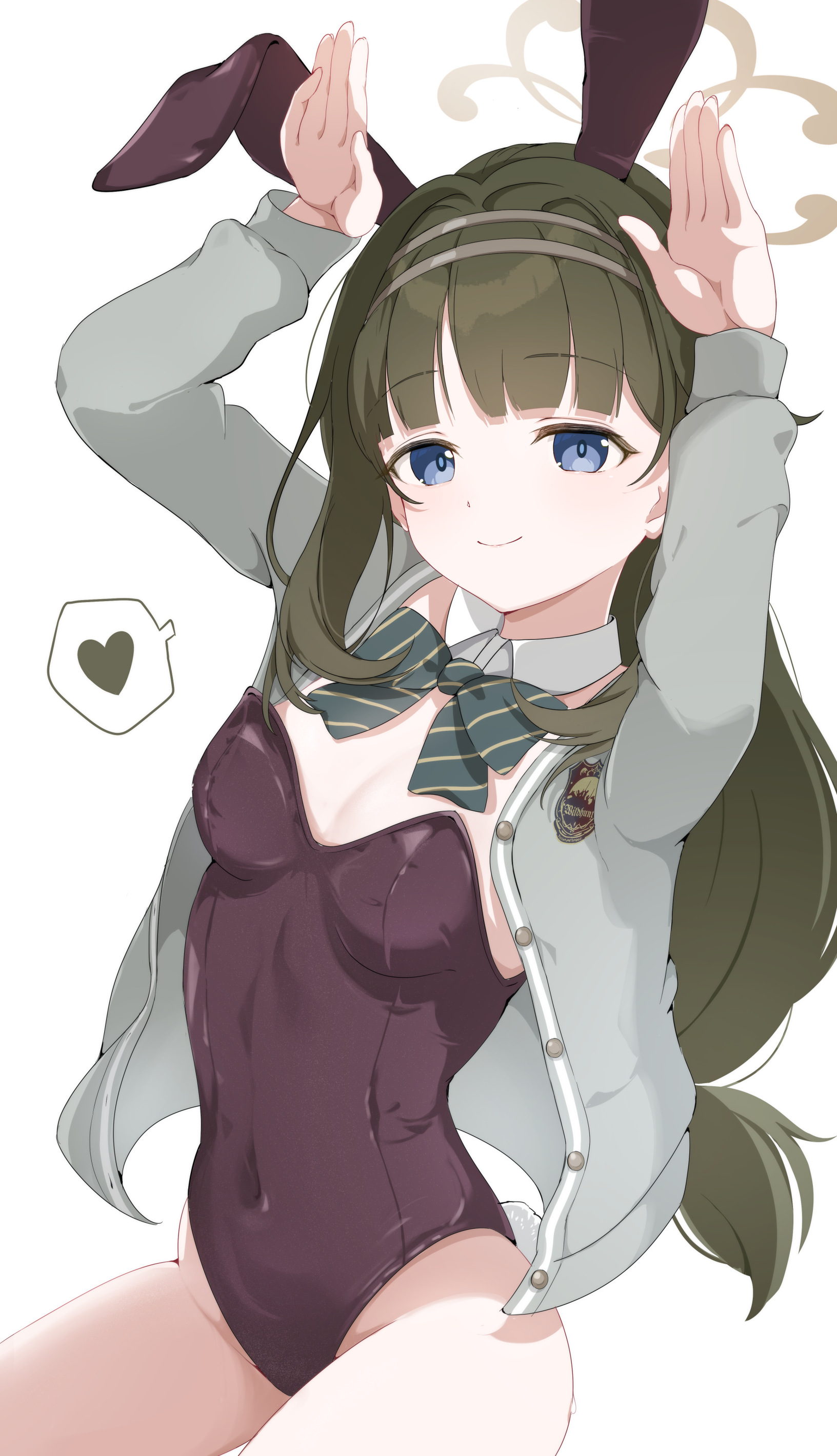 tsumugi (blue archive), blue archive, absurdres, highres, 1girl, alternate costume, animal ear hairband, animal ears, black hairband, black leotard, blue eyes, bow, breasts, brown halo, closed mouth, detached collar, diagonal-striped bow, fake animal ears, green bow, green hair, green hairband, grey jacket, hairband, halo, hello-ghiblisan, highleg, highleg leotard, jacket, leotard, long hair, looking at viewer, open clothes, open jacket, playboy bunny, rabbit ear hairband, rabbit ears, rabbit pose, sidelocks, smile, solo, strapless, strapless leotard, striped bow