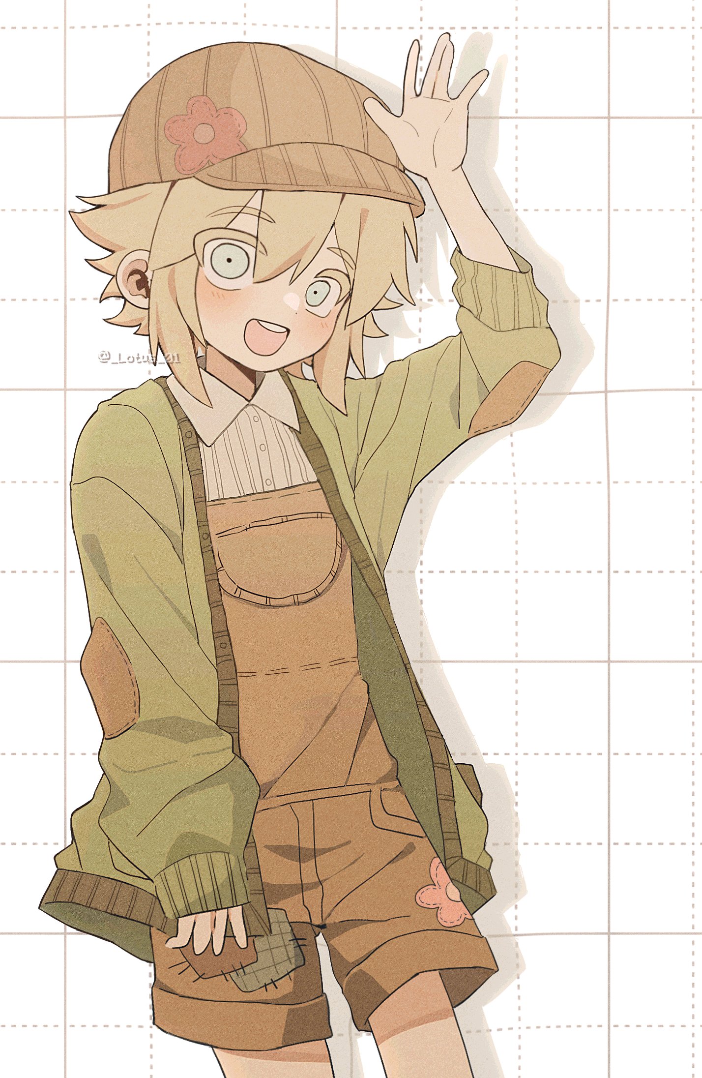my loleeta, basil (birthday) (omori), basil (faraway) (omori), basil (omori), omori, highres, revision, 1boy, :d, ||/, arm at side, arm up, blonde hair, brown hat, brown overalls, buttons, cardigan, collared shirt, colored eyelashes, cowboy shot, dot nose, double-parted bangs, drop shadow, floral print, green cardigan, grey eyes, grid background, hair between eyes, hat, long sleeves, looking at viewer, male focus, newsboy cap, official alternate costume, open cardigan, open clothes, open mouth, overall shorts, overalls, puffy long sleeves, puffy sleeves, round teeth, shirt, short hair, sidelocks, simple background, smile, solo, standing, teeth, twitter username, upper teeth only, white background, white shirt