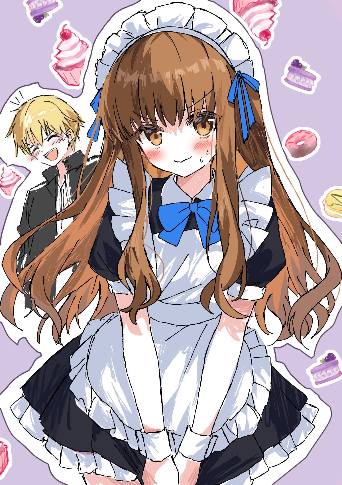 gilgamesh (fate), gilgamesh (immoral biker jacket) (fate), kishinami hakuno (female), fate/extra, fate/extra ccc, fate (series), highres, 1boy, 1girl, alternate costume, apron, black dress, black jacket, blonde hair, blush, brown eyes, brown hair, closed eyes, closed mouth, dress, enmaided, jacket, long hair, maid, maid apron, maid headdress, open clothes, open jacket, open mouth, puffy short sleeves, puffy sleeves, shirt, short hair, short sleeves, sweat, syst098, teeth, upper teeth only, white apron, white shirt