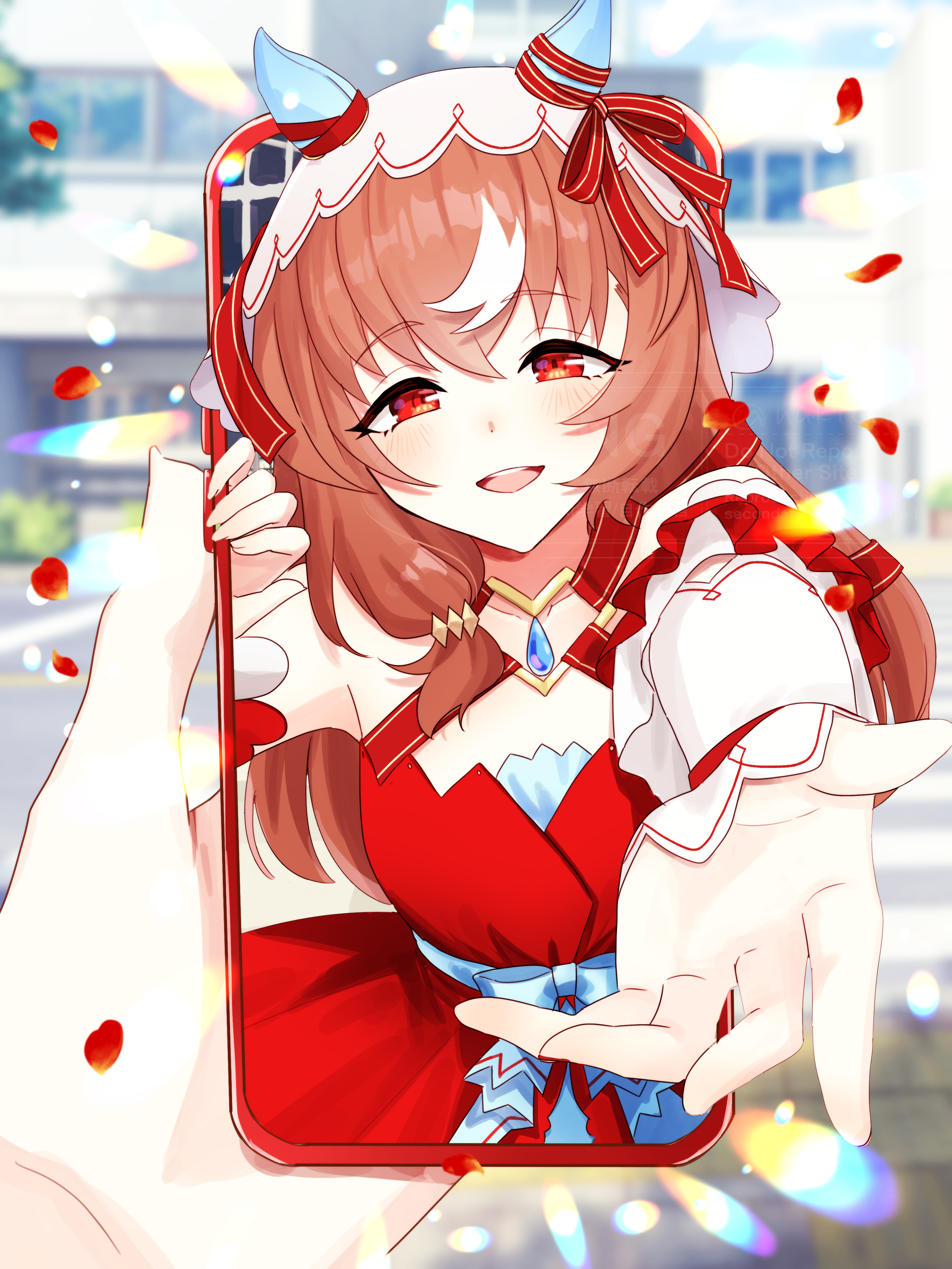 nakichi n, still in love (umamusume), umamusume, absurdres, highres, 1girl, 1other, animal ears, blush, brown hair, cellphone, detached sleeves, dress, holding, holding phone, horse ears, horse girl, long hair, open mouth, phone, pov, red dress, red eyes, red petals, sidelocks, smartphone, veil, white veil, wrist cuffs