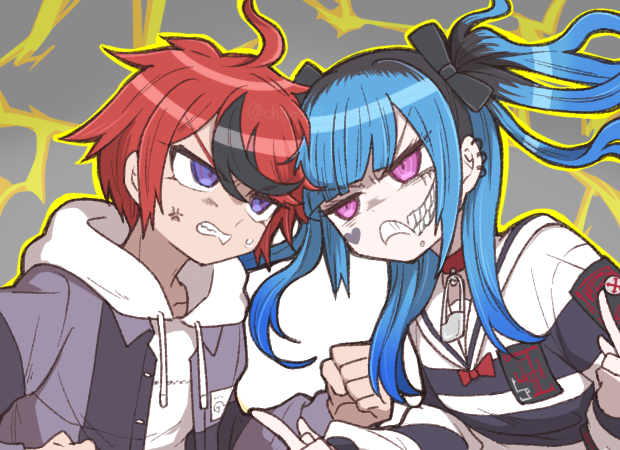 chiyo408, amemiya darumi, sumino takumi, the hundred line -last defense academy-, commentary request, 1boy, 1girl, ahoge, anger vein, angry, black bow, black hair, black jacket, black streaks, blue eyes, blue hair, bow, choker, clenched hands, clenched teeth, eye contact, facial mark, frown, grey jacket, hair bow, heads together, heart, heart facial mark, hood, hoodie, jacket, jacket over hoodie, lightning background, long hair, looking at another, multicolored hair, multicolored jacket, outline, pink eyes, red choker, red hair, roots (hair), safety pin, shirt, short hair, streaked hair, striped clothes, striped shirt, teeth, twintails, two-tone jacket, white hoodie, yellow outline