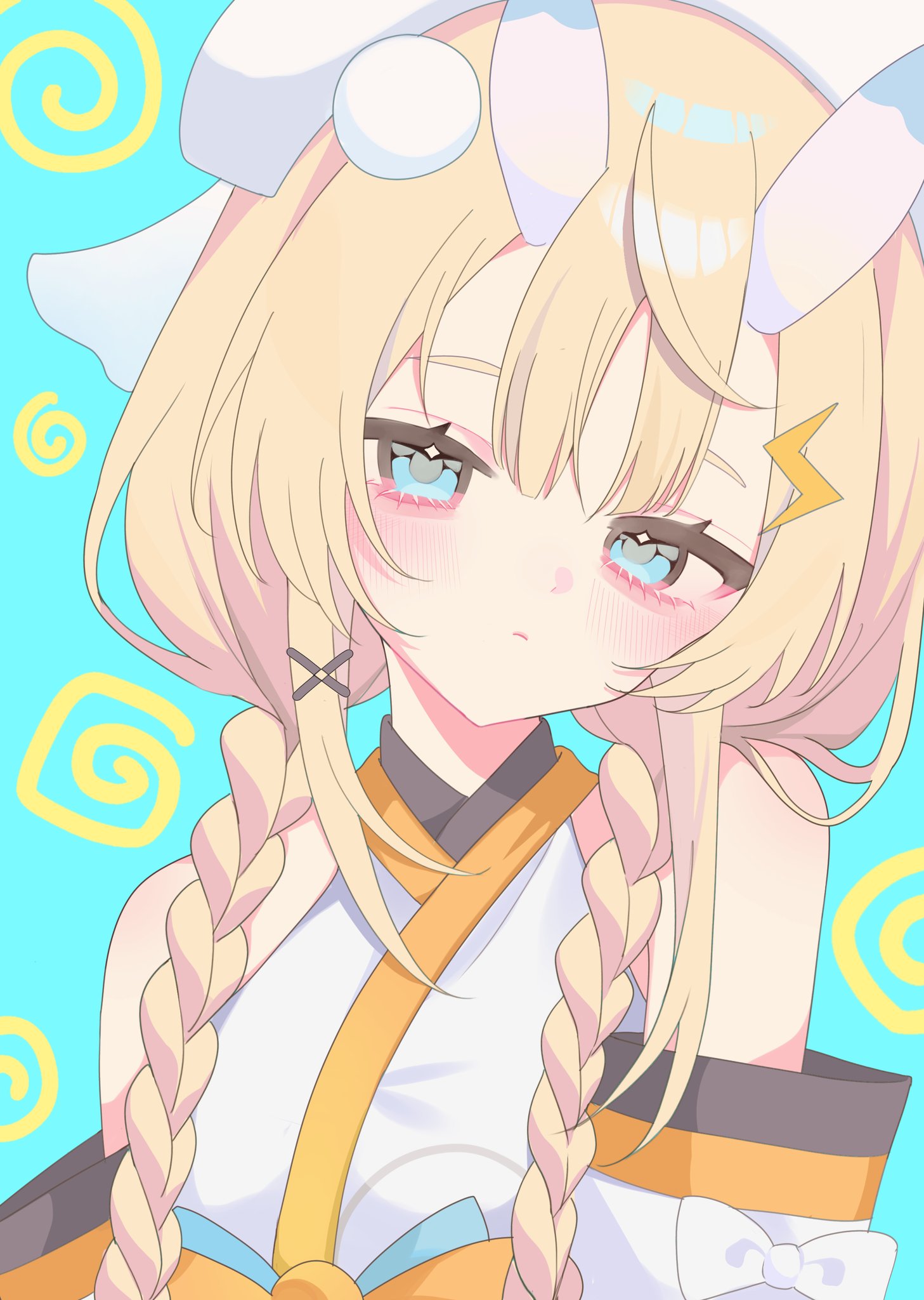 kadou mikaru, nijisanji, highres, 1girl, bare shoulders, blonde hair, blue background, blue eyes, blue horns, blush, bow, braid, closed mouth, detached sleeves, hair ornament, hair over breasts, hair over shoulder, half-closed eyes, hat, head tilt, horns, japanese clothes, kimono, lightning bolt, lightning bolt hair ornament, lightning bolt symbol, looking at viewer, low twin braids, mikurosanka, multicolored horns, pom pom (clothes), pom pom hair ornament, portrait, sidelocks, simple background, solo, twin braids, two-tone horns, virtual youtuber, white bow, white hat, white horns, white kimono, x hair ornament