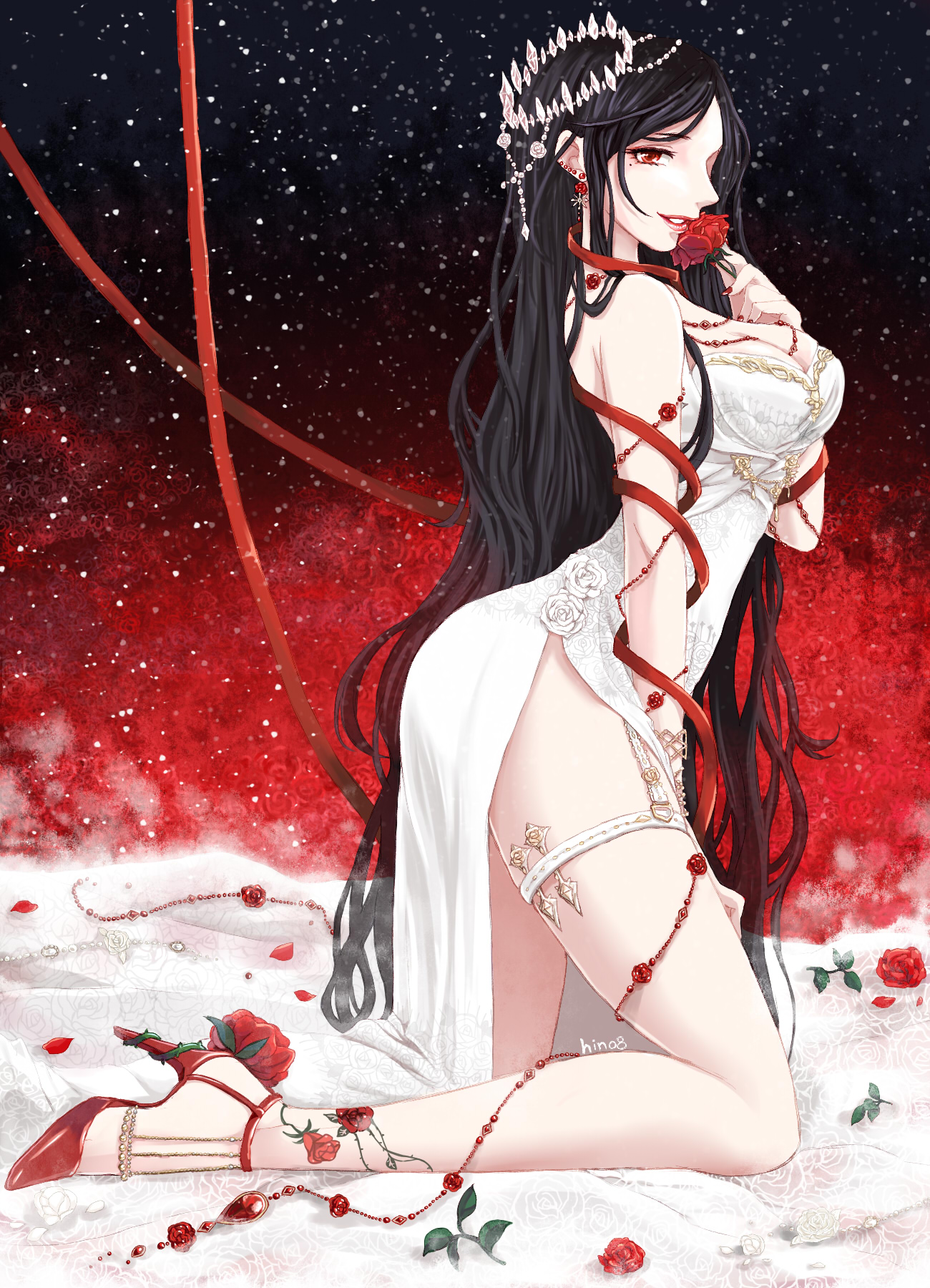 hino (8), miracle nikki, nikki (series), commentary, highres, 1girl, arm ribbon, beads, belt, belt buckle, black hair, black sky, breasts, buckle, cleavage, crown, dress, earrings, eyelashes, flower, flower earrings, flower to mouth, full body, gold buckle, gradient sky, hair beads, hair ornament, happy, high heels, holding, holding flower, jewelry, kneeling, large breasts, lipstick, long hair, looking at viewer, low neckline, makeup, medium dress, mole, mole under eye, necklace, night, night sky, on bed, parted lips, pink lips, red eyes, red flower, red ribbon, red rose, red shoes, red sky, ribbon, rose, rose kiss (miracle nikki), shoes, side slit, signature, sky, smile, solo, star (sky), starry sky, stiletto heels, strapless, strapless dress, teeth, thigh belt, thigh strap, thorns, very long hair, wavy hair, white belt, white crown, white dress
