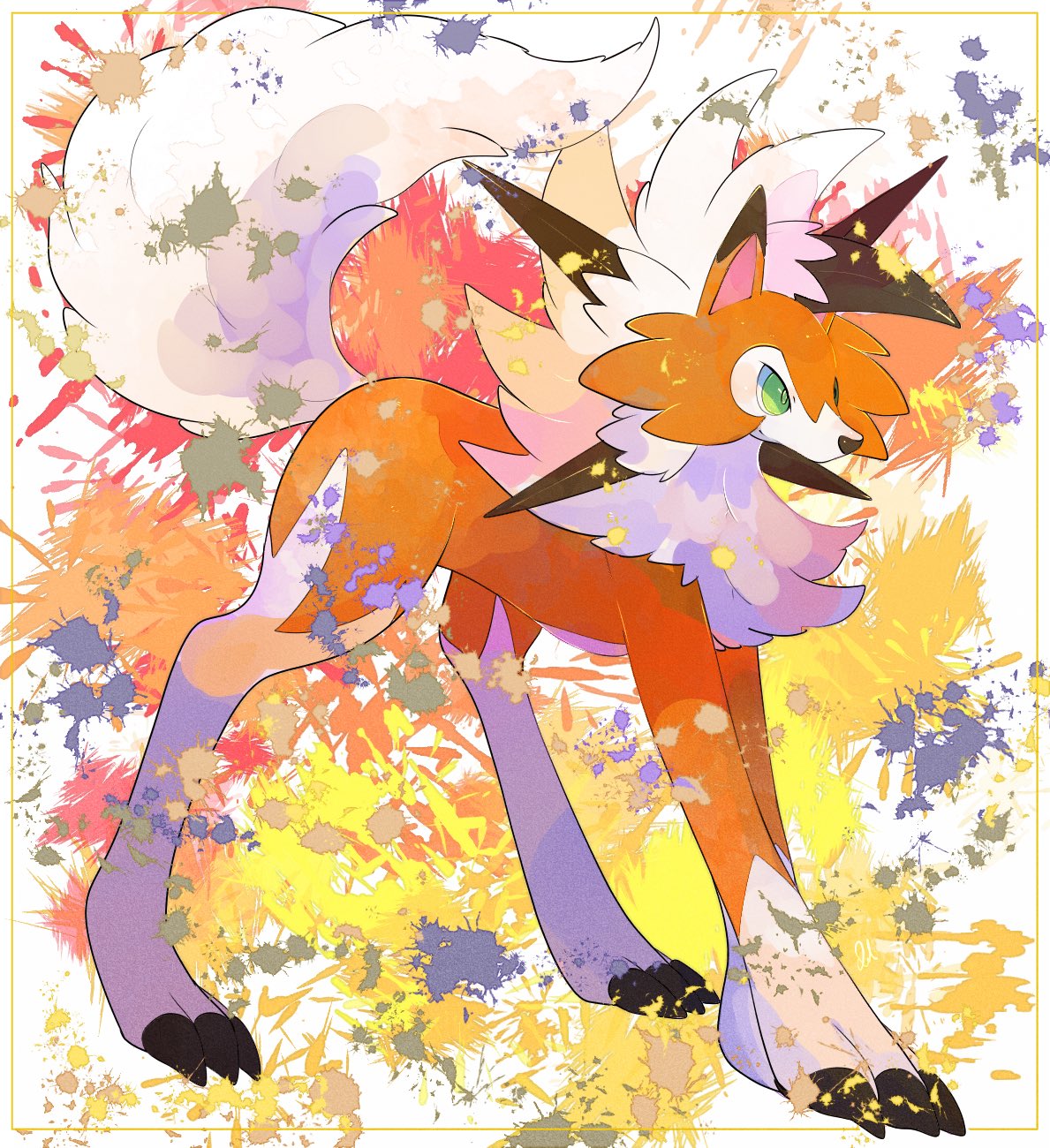 loki (regulus 1111), lycanroc, lycanroc (dusk), nintendo, pokemon, commentary request, highres, animal focus, claws, full body, gen 7 pokemon, green eyes, no humans, pokemon (creature), pokemon focus, solo, spikes, wolf