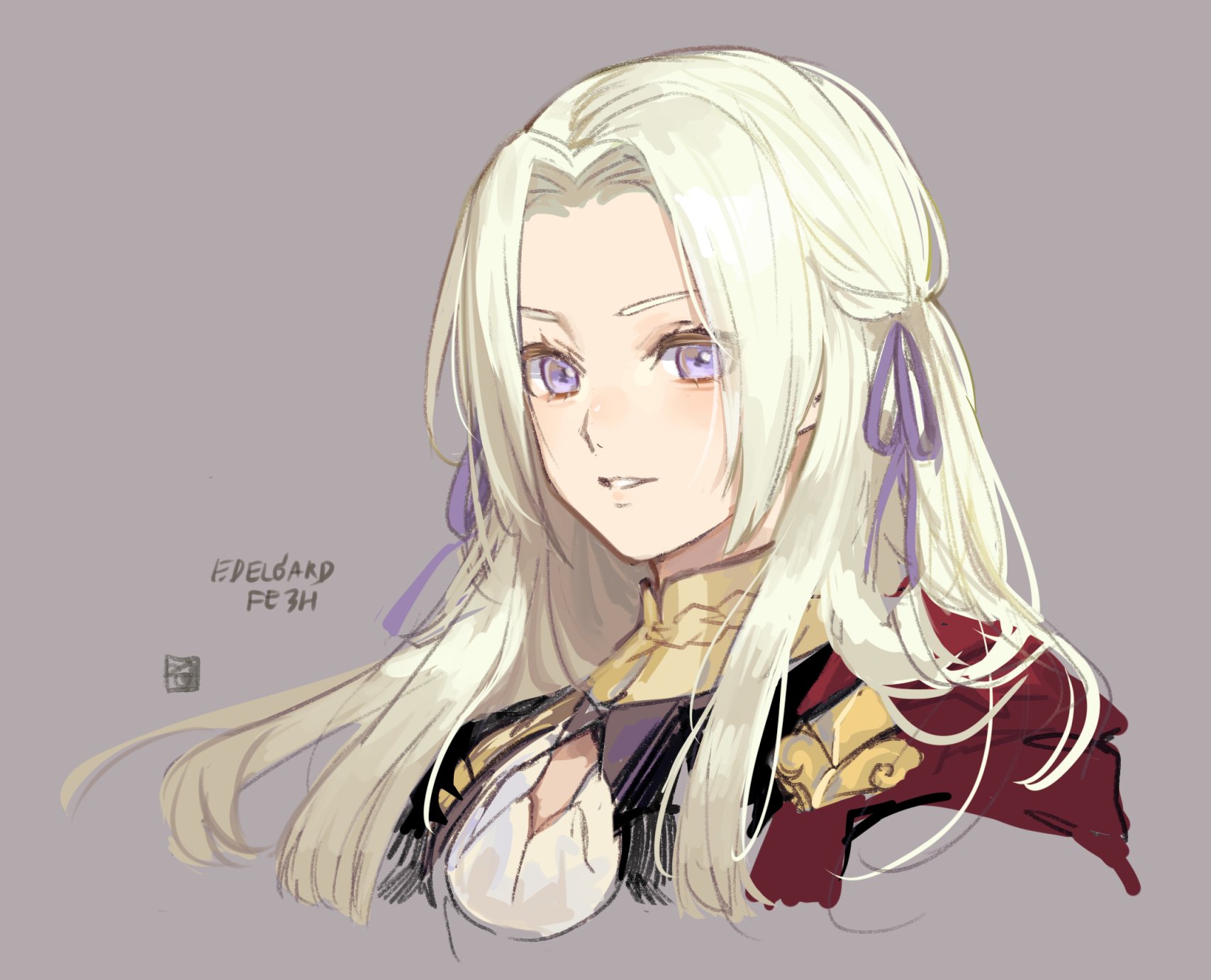 velahka, edelgard von hresvelg, fire emblem, fire emblem: three houses, nintendo, commentary, highres, 1girl, artist name, copyright name, cropped torso, forehead, garreg mach monastery uniform, grey background, grin, hair ribbon, long hair, purple eyes, purple ribbon, ribbon, simple background, smile, solo, white hair