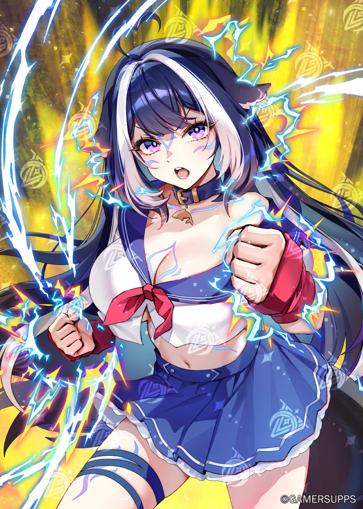 foxyreine, shylily, indie virtual youtuber, highres, ahoge, black hair, blue skirt, body markings, breasts, cetacean tail, cleavage, clenched hands, copyright notice, cropped shirt, electricity, facial mark, fins, fish tail, heart, heart ahoge, long hair, midriff, multicolored hair, navel, open mouth, orca girl, purple eyes, school uniform, serafuku, shirt, skirt, streaked hair, tail, virtual youtuber, watermark, white hair, white shirt