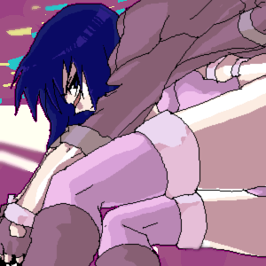tsumura tokiko, busou renkin, aliasing, lowres, tagme, 00s, 1girl, blue hair, female focus, fingerless gloves, gloves, legs together, looking at viewer, scar, solo