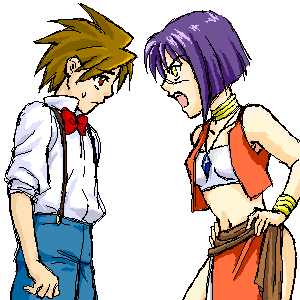 mutou kazuki, tsumura tokiko, busou renkin, lowres, 00s, blue hair, brown hair, red eyes, scar, yellow eyes