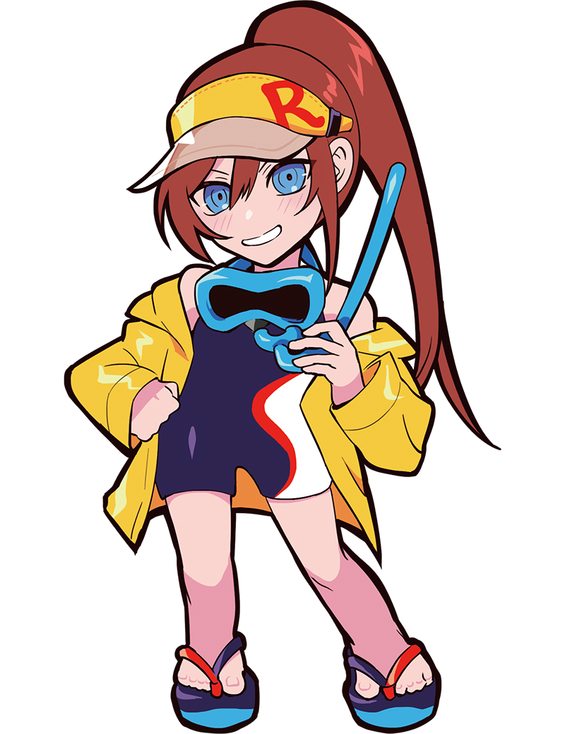 puppeteer7777, crazy raccoon, official art, second-party source, anime coloring, aqua-framed eyewear, aqua eyes, aqua sandals, bare shoulders, blue one-piece swimsuit, blue sandals, brown hair, clothes down, contrapposto, facing viewer, full body, half updo, hand on own hip, high ponytail, hood, hood down, hooded jacket, jacket, legs apart, long hair, looking at viewer, no nose, one-piece swimsuit, open clothes, open jacket, platform sandals, ponytail, relyh, sandals, snorkel, snorkel mask, solo, standing, straight hair, swimsuit, tachi-e, teeth, thick lineart, toes, transparent background, two-tone sandals, unworn eyewear, visor cap, yellow hood, yellow jacket, yellow sleeves