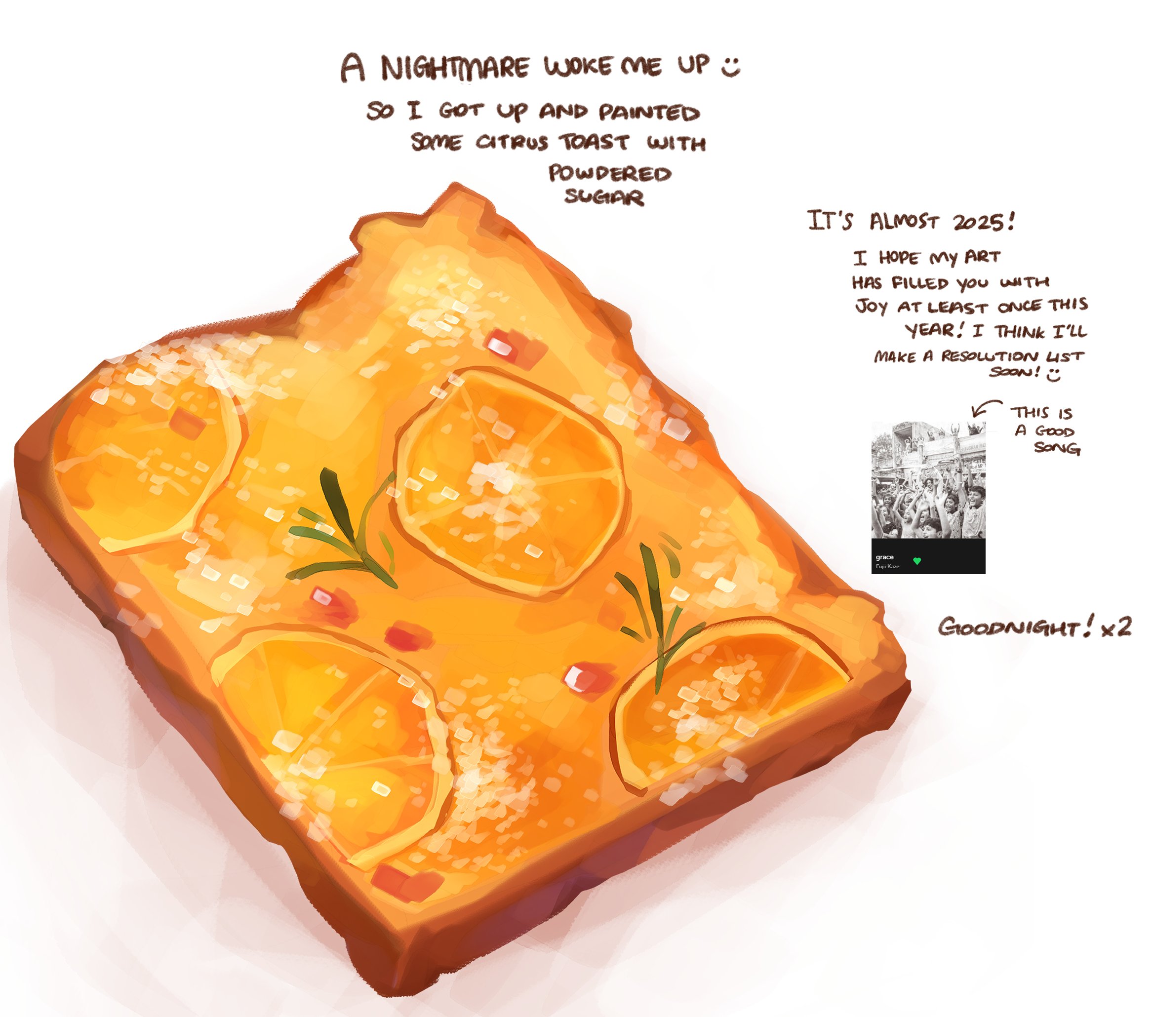 himochuu, original, highres, bread, bread slice, english text, food, food focus, food print, from above, fruit print, no humans, orange print, painterly, powdered sugar, screenshot inset