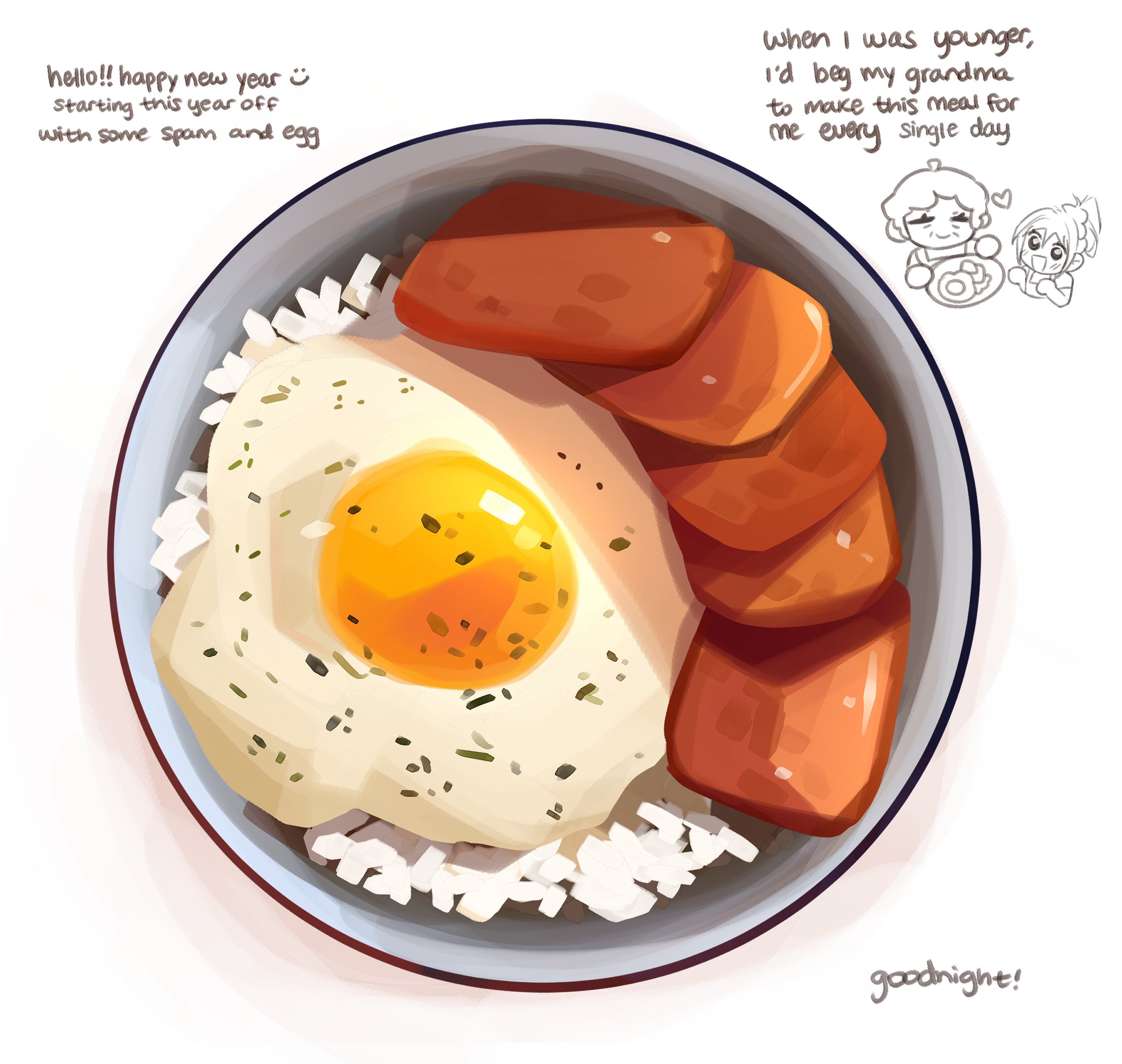 himochuu, original, absurdres, highres, artist self-insert, bowl, chibi, chibi inset, english text, fried egg, from above, no humans, painterly, rice, spam (food)