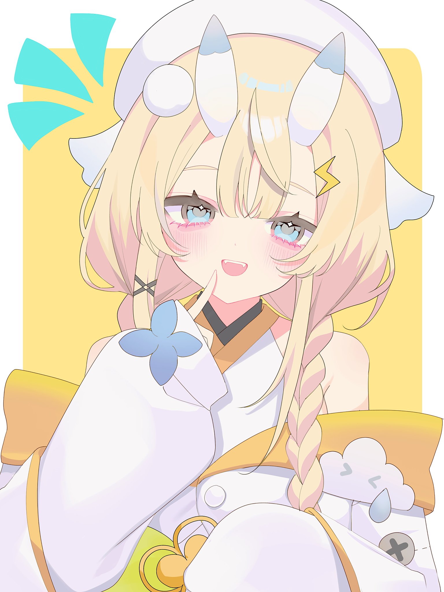 kadou mikaru, nijisanji, highres, 1girl, :d, bare shoulders, blonde hair, blue eyes, blue horns, blush, border, braid, coat, fangs, finger to mouth, hair ornament, hair over shoulder, hat, horns, japanese clothes, kimono, layered sleeves, lightning bolt, lightning bolt hair ornament, lightning bolt symbol, long sleeves, looking at viewer, low twin braids, mikurosanka, multicolored horns, notice lines, off-shoulder coat, off shoulder, open mouth, outside border, pom pom (clothes), pom pom hair ornament, puffy long sleeves, puffy sleeves, short over long sleeves, short sleeves, sidelocks, simple background, sleeves past wrists, smile, solo, twin braids, two-tone horns, upper body, virtual youtuber, white border, white coat, white hat, white horns, white kimono, x hair ornament, yellow background, yellow trim