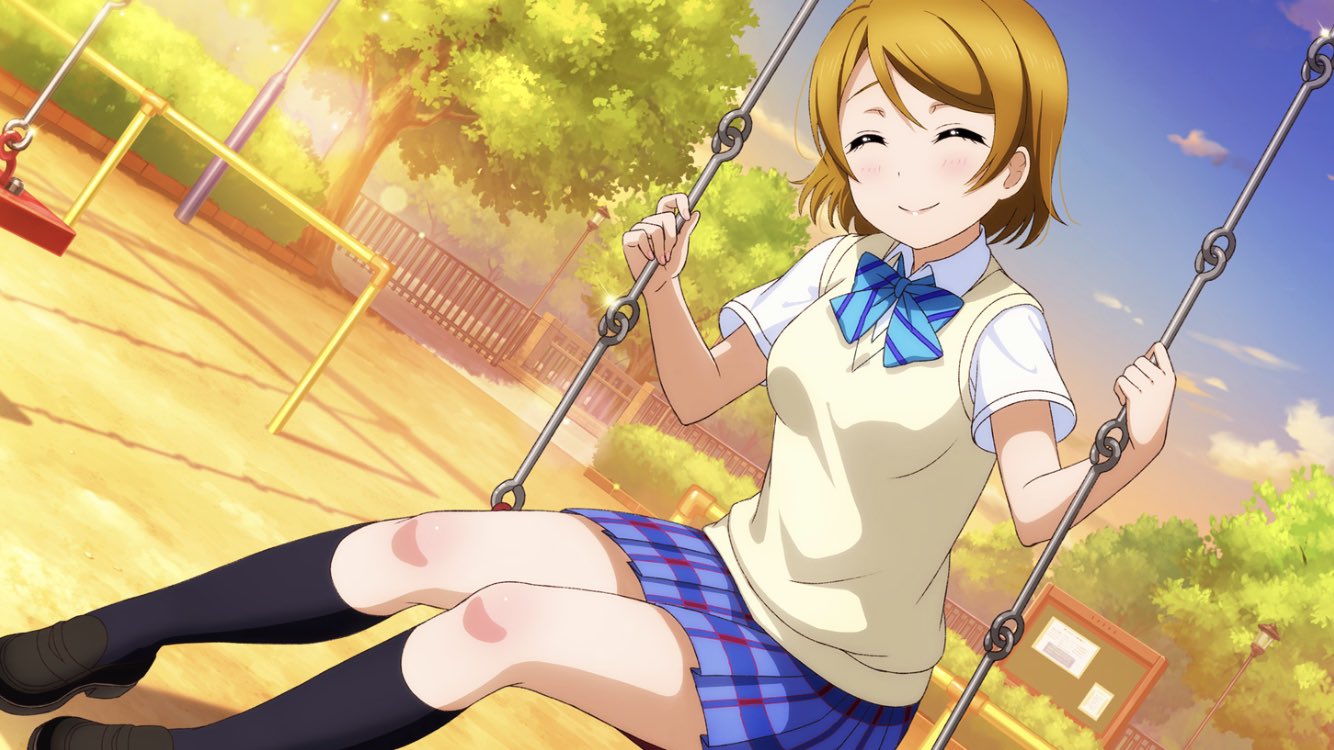 koizumi hanayo, love live!, love live! school idol festival all stars, love live! school idol project, official art, 1girl, ^ ^, anime coloring, black shoes, black socks, blue bow, blue bowtie, blue skirt, blush, bow, bowtie, breasts, brown hair, brown sweater vest, bulletin board, closed eyes, closed mouth, cloud, collared shirt, diagonal-striped bow, diagonal-striped bowtie, diagonal-striped clothes, dress shirt, dutch angle, evening, facing viewer, fence, gradient sky, hands up, head tilt, kneehighs, lamppost, lens flare, loafers, medium breasts, miniskirt, on swing, orange sky, otonokizaka school uniform, outdoors, park, pigeon-toed, plaid clothes, plaid skirt, pleated skirt, raised inner eyebrows, school uniform, shirt, shoes, short hair, short sleeves, skirt, sky, smile, socks, solo, sparkle, striped bow, striped bowtie, striped clothes, summer uniform, sunset, sweater vest, swing, tree, twilight, white shirt