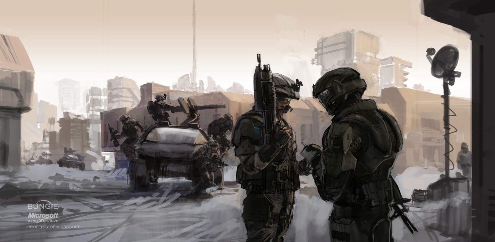 isaac hannaford, marine (halo), odst, halo (series), highres, official art, promotional art, gun, holding, holding weapon, military, military operator, military uniform, military vehicle, science fiction, warthog (halo), weapon