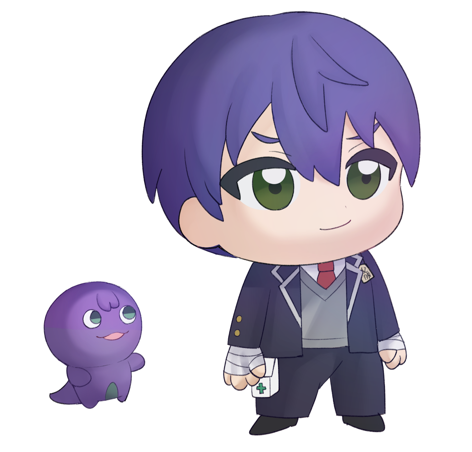 minami saki, kenmochi touya, kenmochi touya (1st costume), nijisanji, highres, >:), 1boy, bandaged hand, bandages, black jacket, black pants, black shoes, blazer, closed mouth, green eyes, grey sweater, hair between eyes, jacket, male focus, necktie, open clothes, open jacket, pants, purple hair, red necktie, school uniform, shoes, simple background, smile, standing, sweater, thick eyebrows, v-shaped eyebrows, virtual youtuber, white background