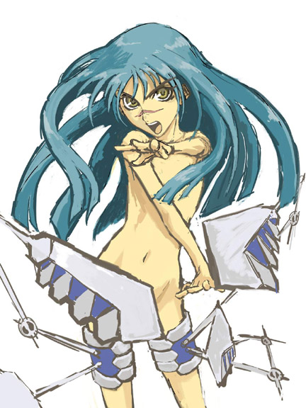 tsumura tokiko, busou renkin, 00s, blue hair, scar, valkyrie skirt, yellow eyes