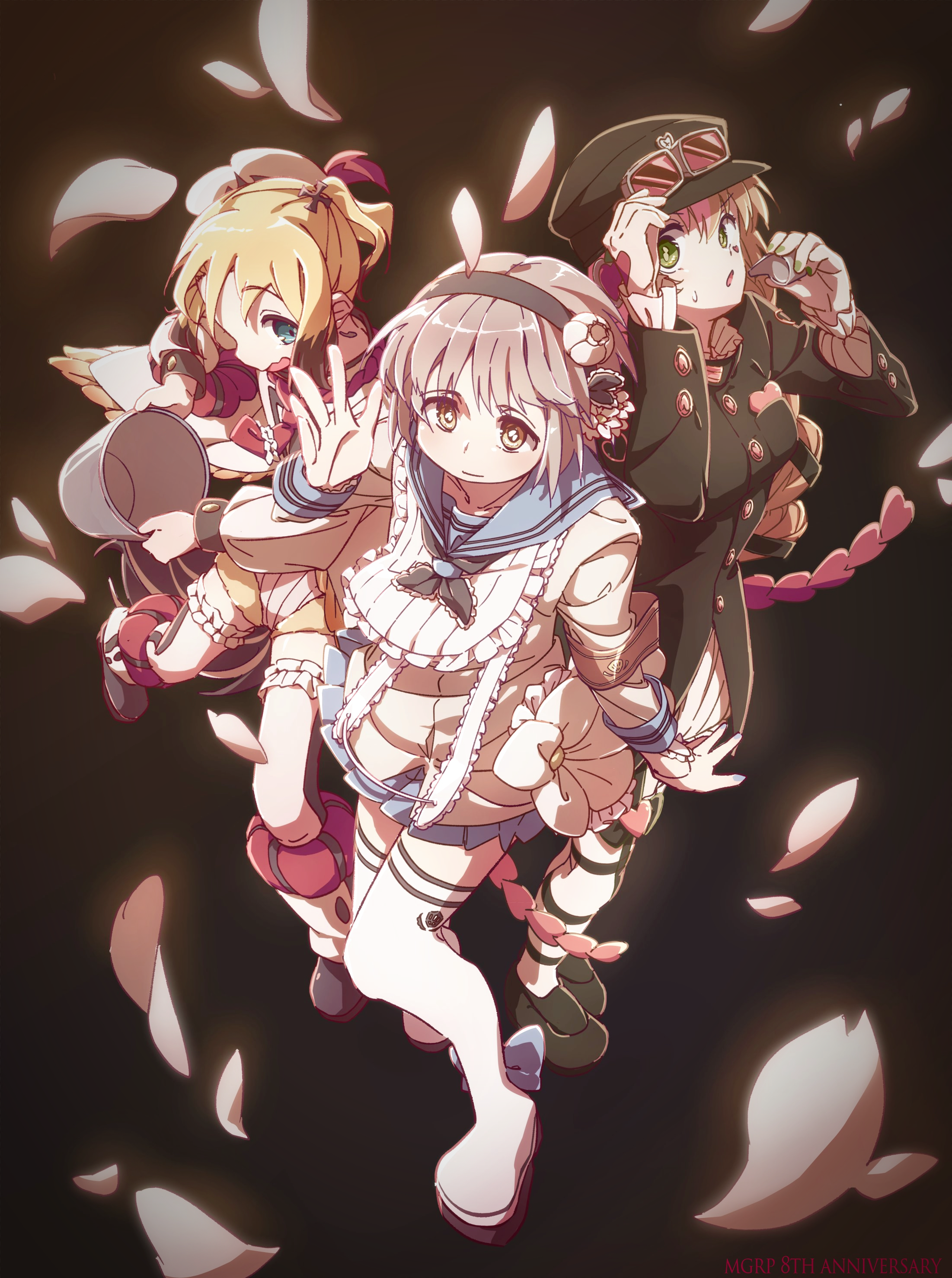 boro (tn-boro), 7753, pechika (mahoiku), snow white (mahoiku), mahou shoujo ikusei keikaku, absurdres, highres, 3girls, black background, blonde hair, blue bow, blue bowtie, bow, bowtie, falling petals, flower ornament, hair ornament, magical girl, multiple girls, petals, sailor collar, school uniform, short hair, thighhighs, white thighhighs