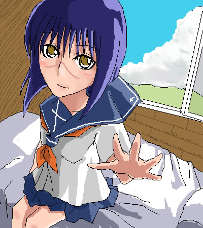 tsumura tokiko, busou renkin, lowres, 00s, blue hair, scar, school uniform, serafuku, yellow eyes