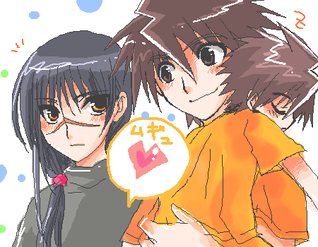 mutou kazuki, tsumura tokiko, busou renkin, lowres, 00s, blue hair, brown eyes, brown hair, scar, school uniform, serafuku