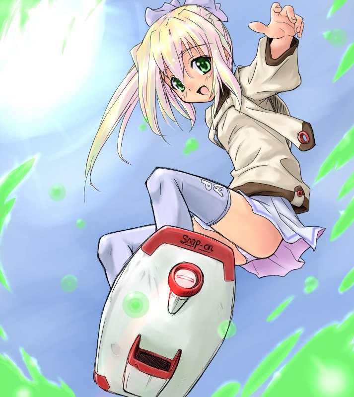 itoji, eureka seven, eureka seven (series), original, 00s, 1girl, blonde hair, crossover, day, female focus, green eyes, hoverboard, multicolored hair, panties, pantyshot, ponytail, skirt, sky, solo, striped clothes, striped panties, surfing, thighhighs, underwear