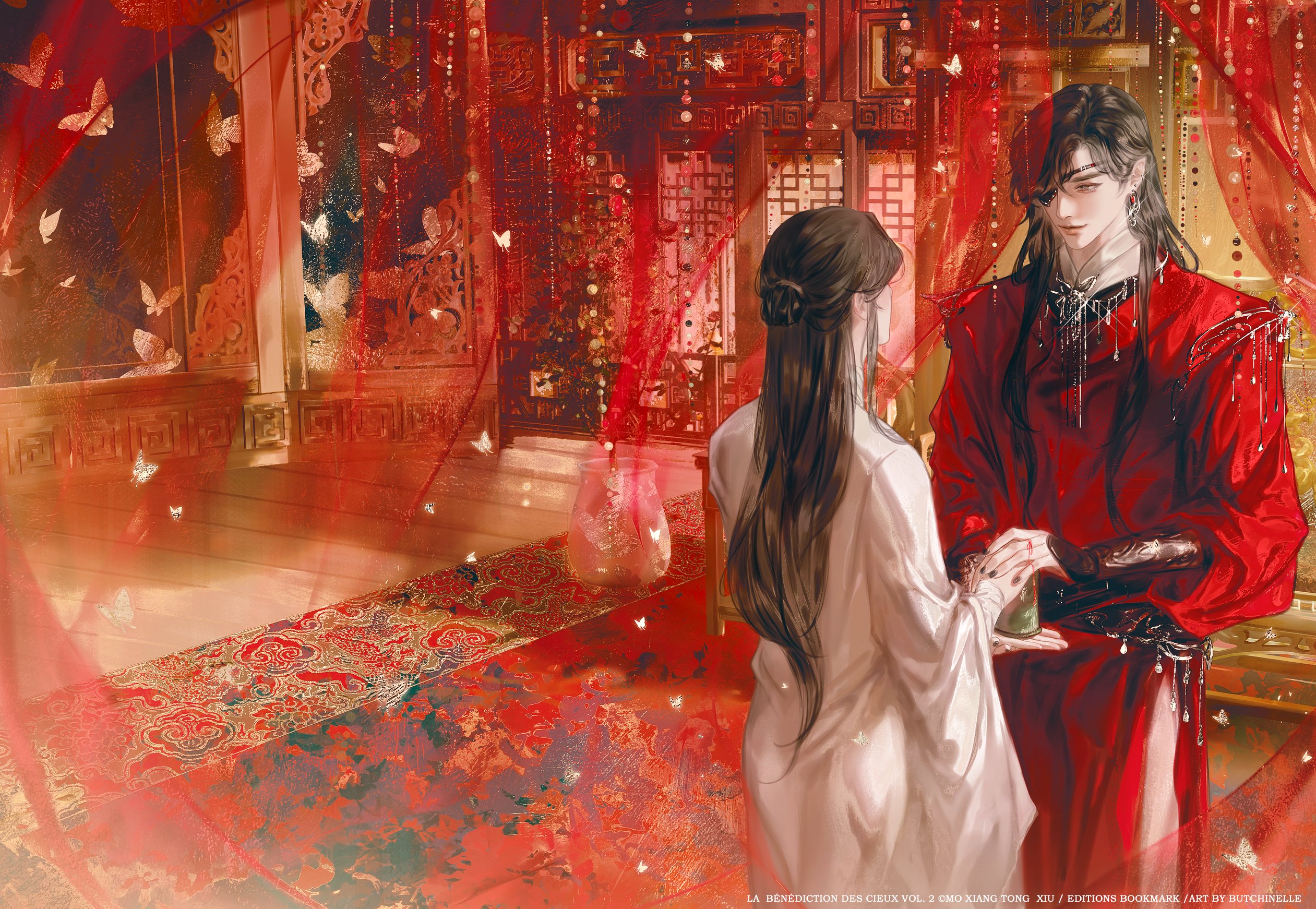 butchinelle, hua cheng, xie lian, tianguan cifu, silver necklace, commentary, english commentary, highres, official art, 2boys, architecture, artist name, black hair, black nails, bracer, bug, butterfly, butterfly necklace, chinese clothes, closed mouth, cowboy shot, curtains, earrings, east asian architecture, eye contact, eyepatch, from behind, hair bun, hanfu, holding hands, insect, jewelry, long hair, long sleeves, looking at another, male focus, multiple boys, pointy ears, red hanfu, red theme, rug, see-through curtains, single hair bun, smile, standing, string around finger, white butterfly, white hanfu, wide sleeves, wooden floor, yuanlingpao